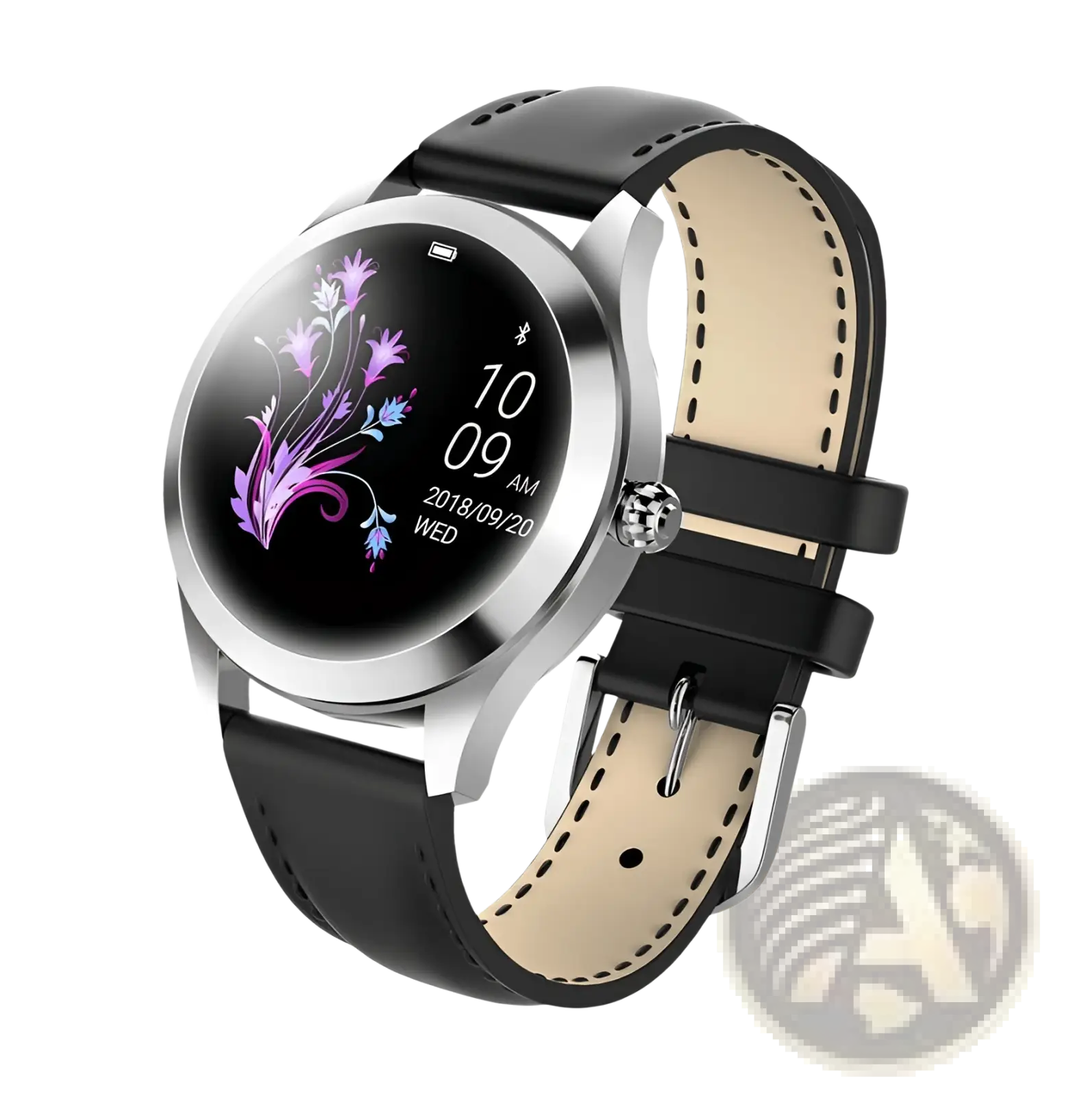 Silver-faced smartwatch with black leather strap and floral digital display in rose gold butterfly style with stainless steel mesh band