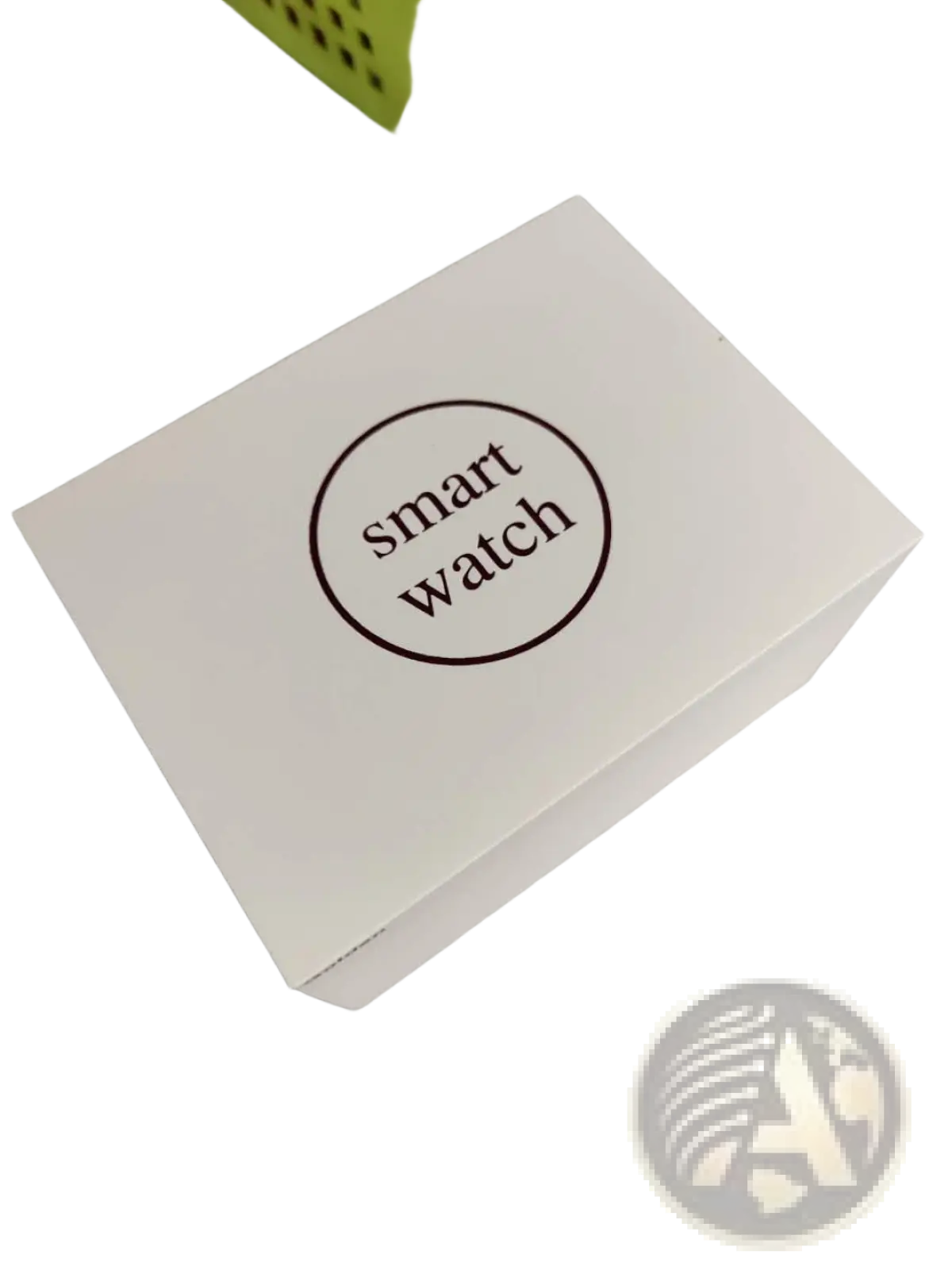 White rectangular box with smart watch text for rose gold butterfly smartwatch with stainless steel mesh band packaging