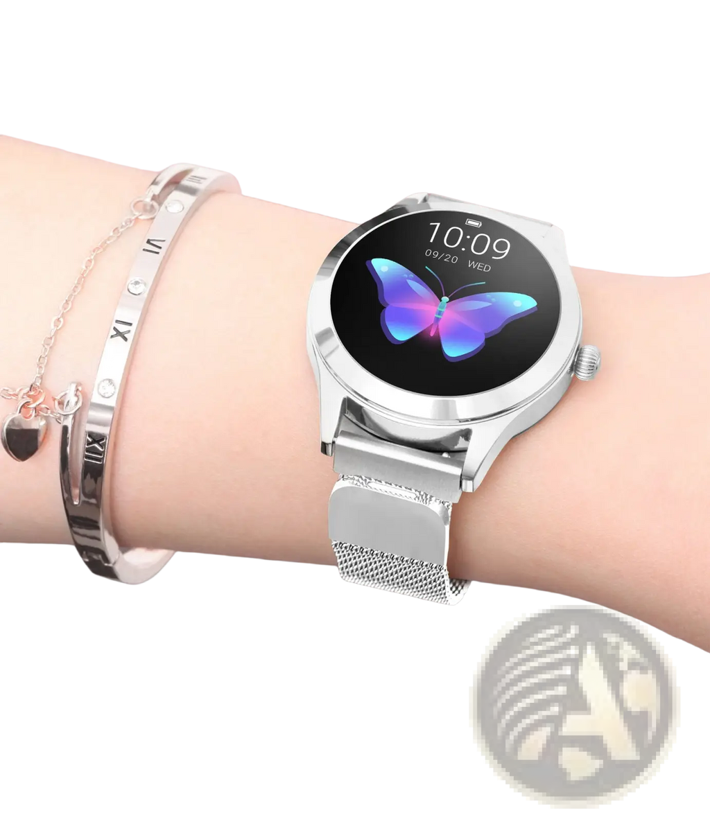 Rose gold butterfly smartwatch with stainless steel silver mesh band and round face displaying blue and purple butterfly