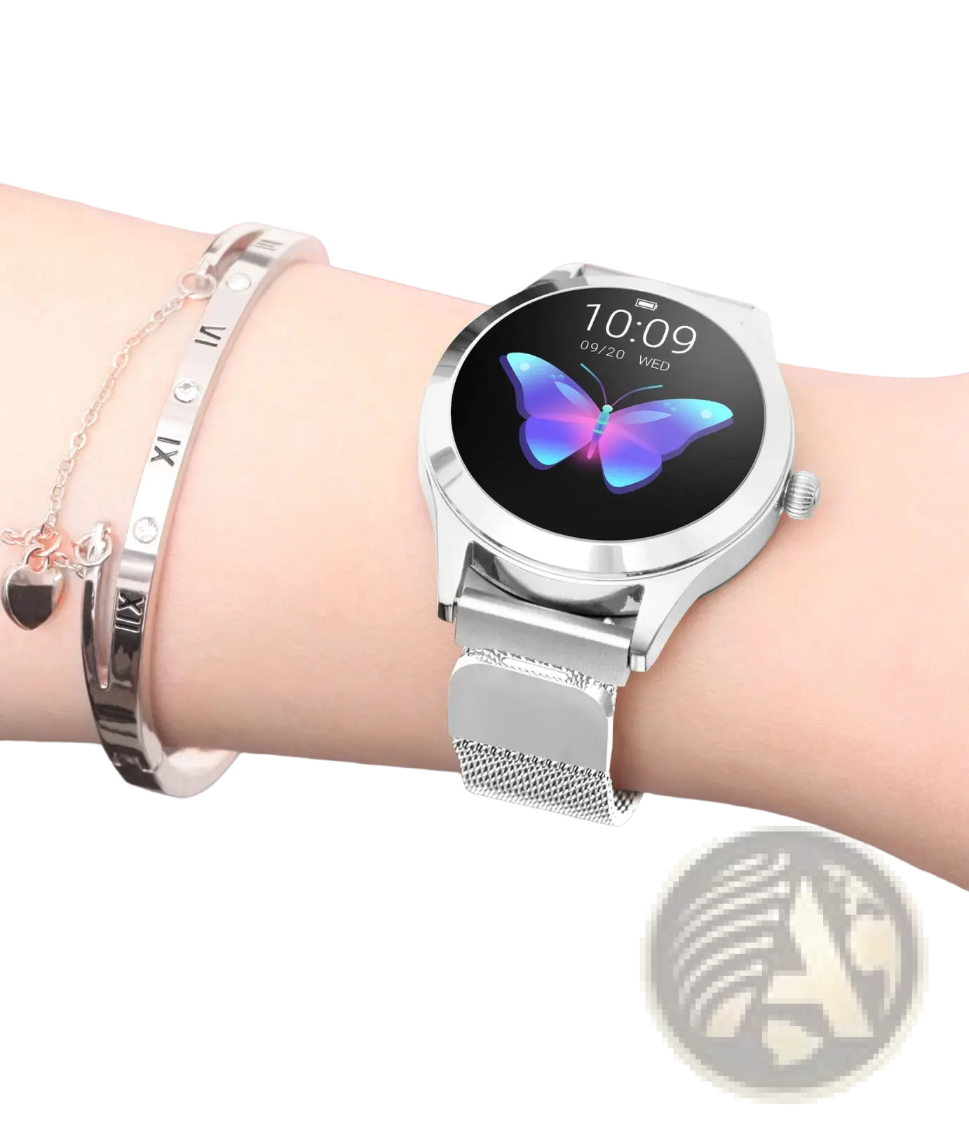 Rose gold butterfly smartwatch with stainless steel silver mesh band and round face displaying blue and purple butterfly