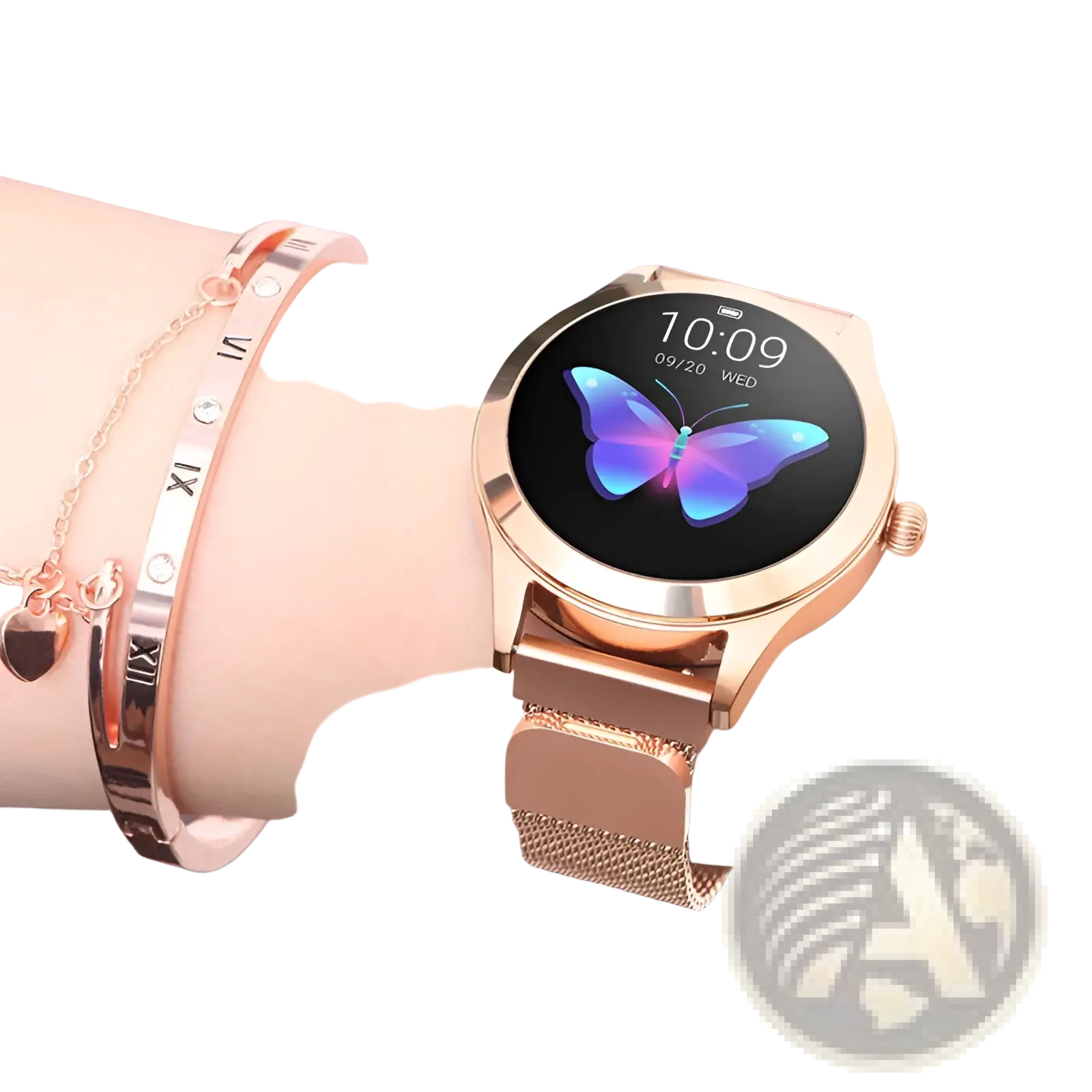 Rose gold butterfly smartwatch with stainless steel mesh band and digital display featuring a butterfly graphic