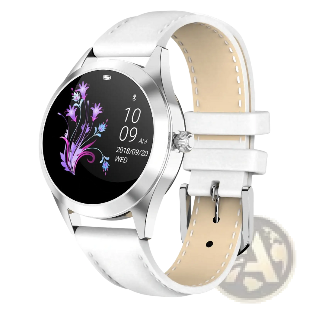 Rose gold butterfly smartwatch with white leather strap silver case and black screen displaying purple floral graphics