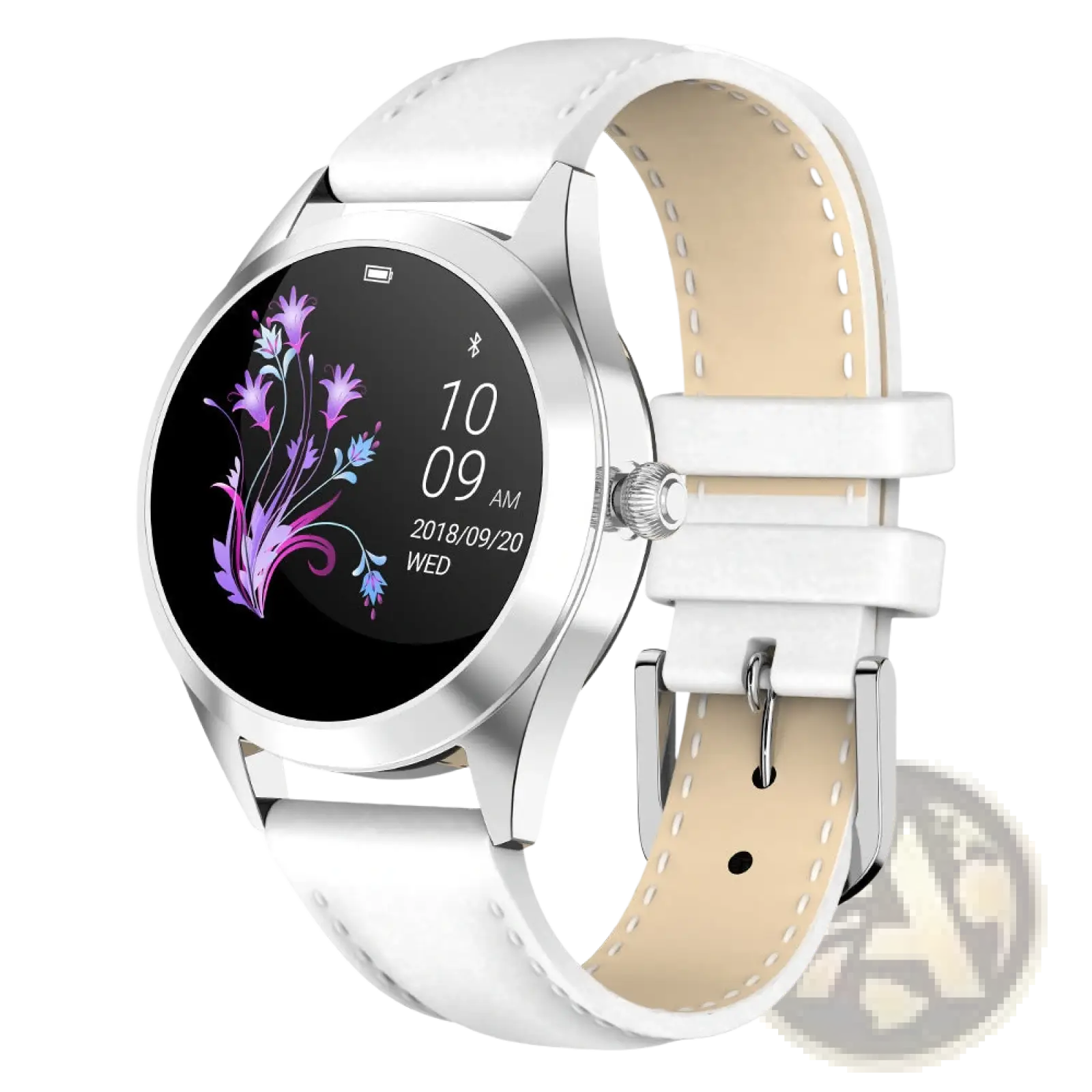 Rose gold butterfly smartwatch with white leather strap silver case and black screen displaying purple floral graphics