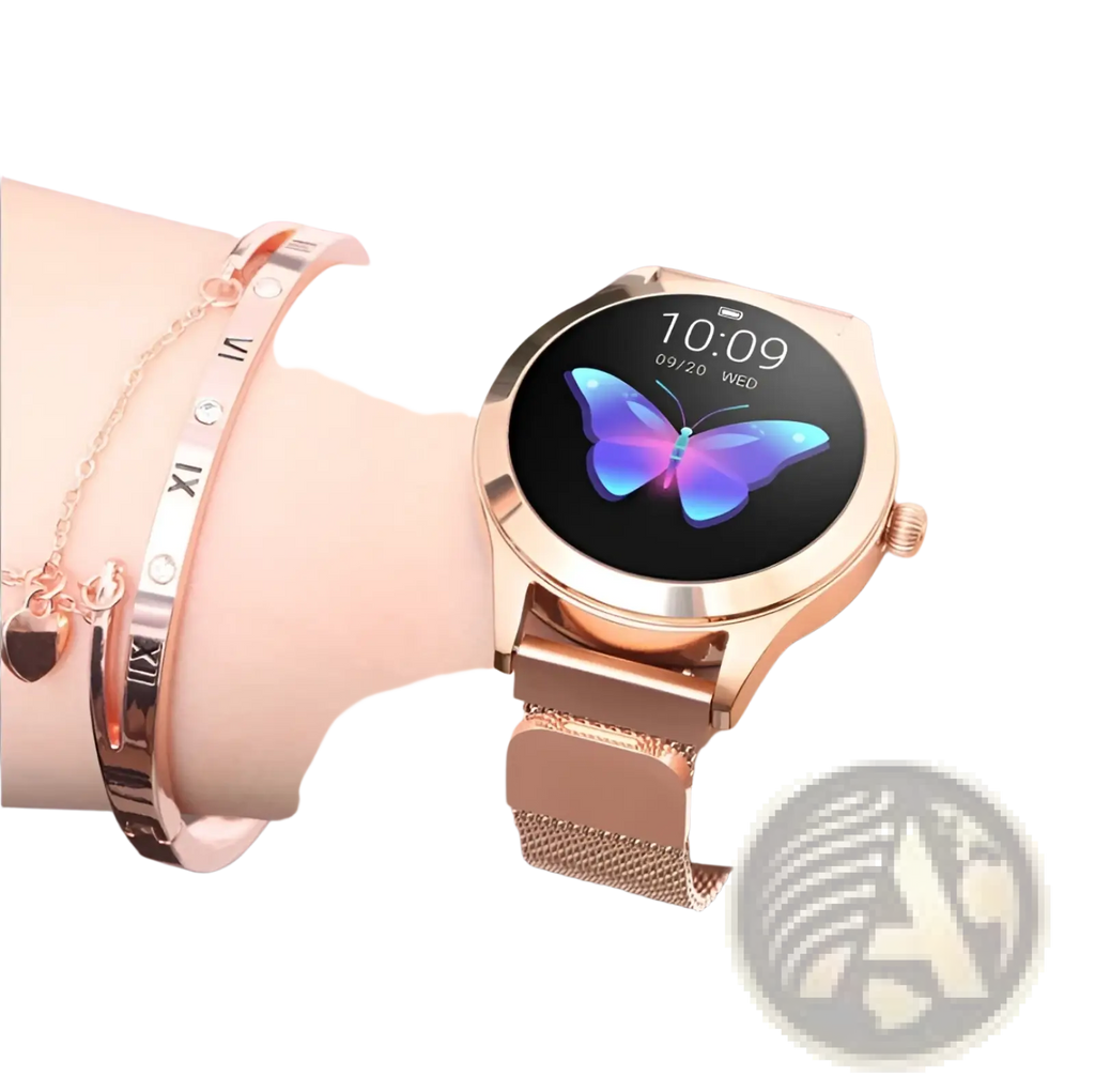 Rose gold butterfly smartwatch with circular face displaying glowing blue and purple butterfly and stainless steel mesh band