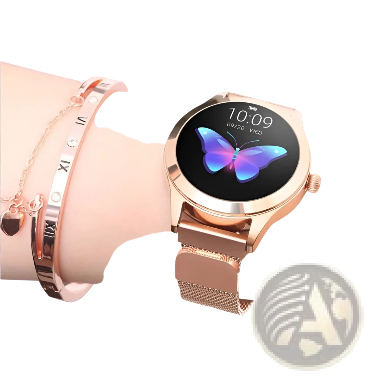 Rose gold butterfly smartwatch with circular face displaying glowing blue and purple butterfly and stainless steel mesh band