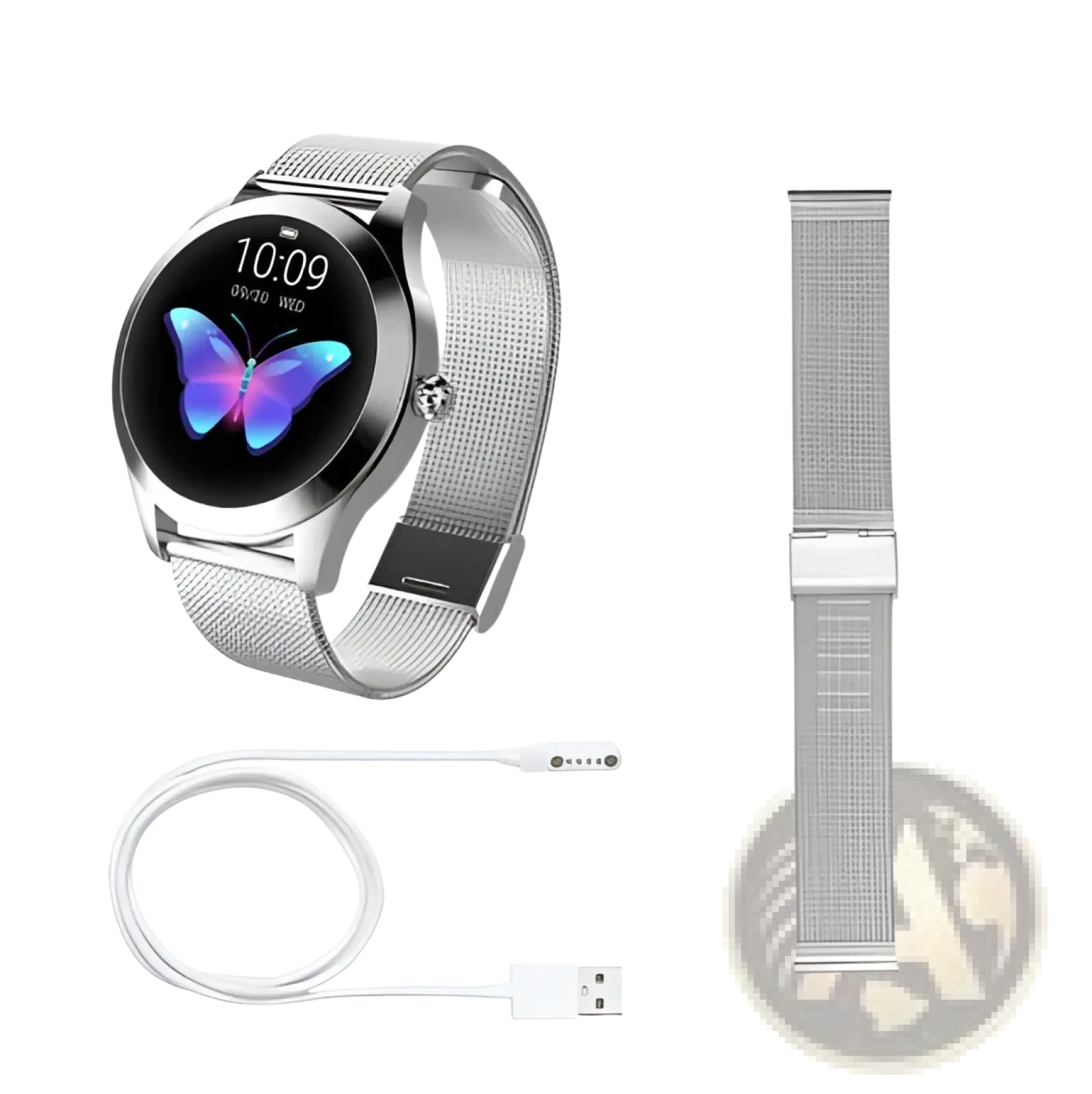Rose gold butterfly smartwatch with stainless steel silver mesh-link band and circular screen displaying blue and purple butterfly graphic