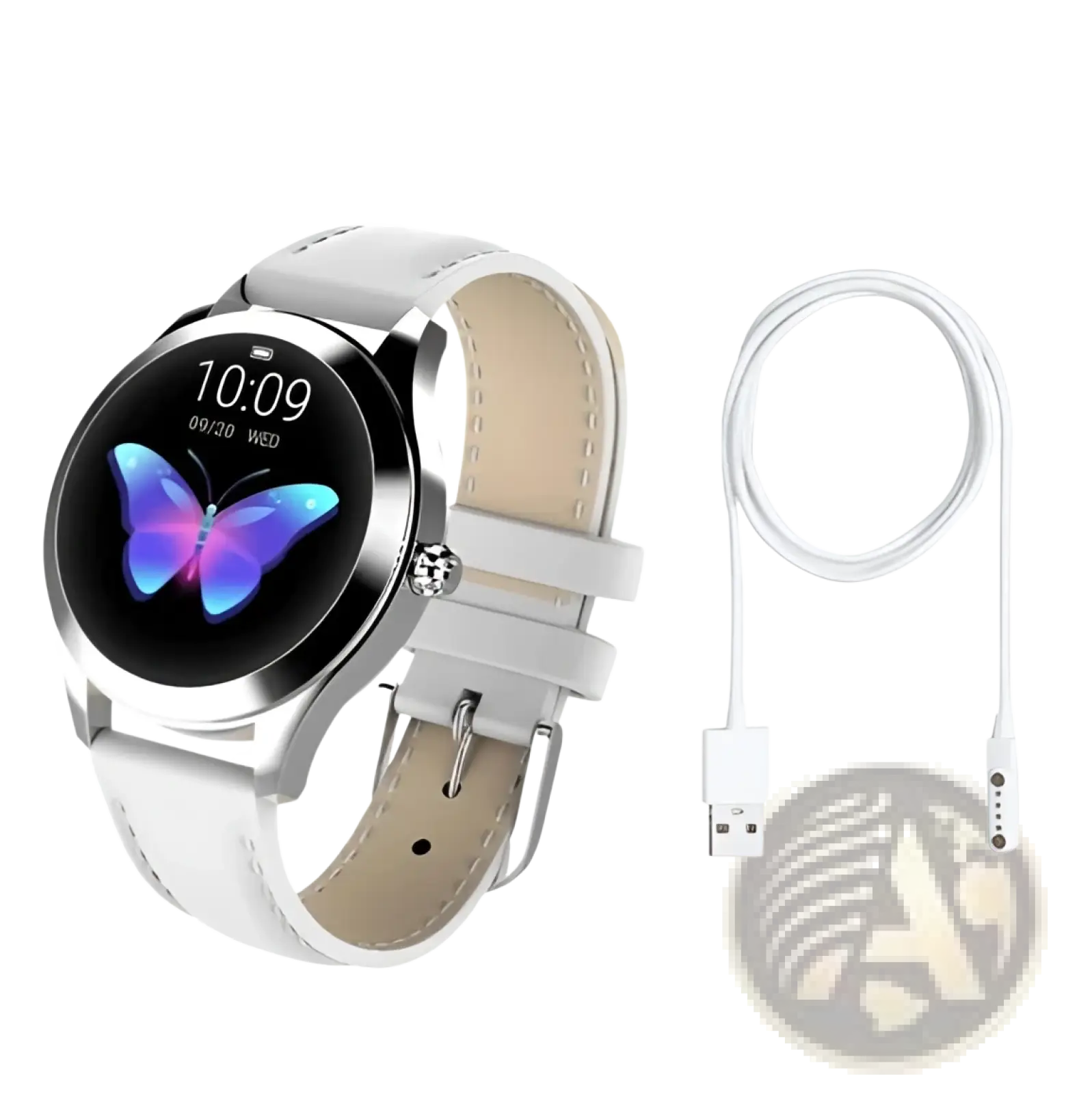 Rose gold butterfly smartwatch with white leather strap silver bezel and colorful butterfly graphic on circular screen