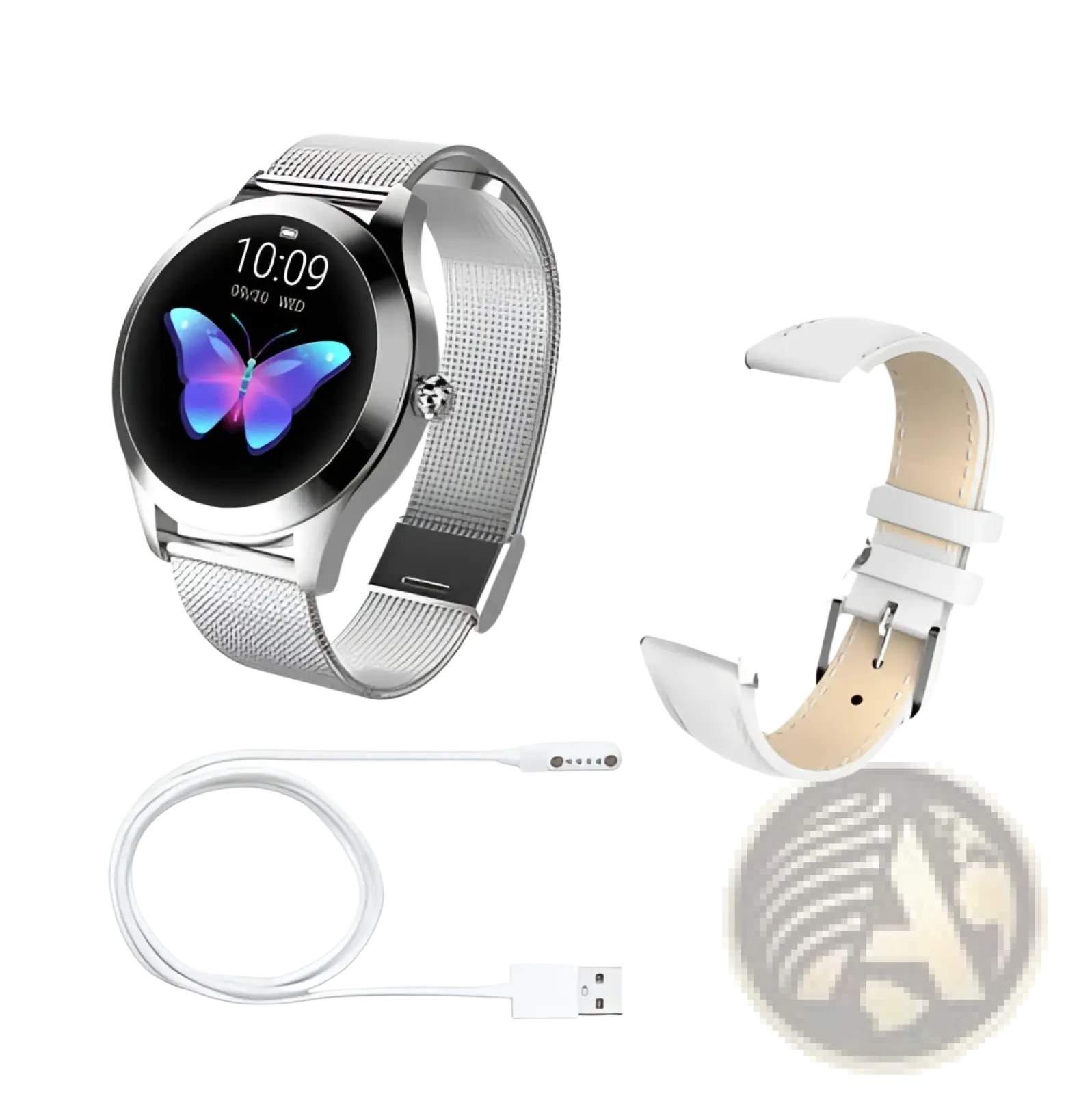 Silver mesh smartwatch with circular screen showing blue and purple butterfly paired with interchangeable white leather strap