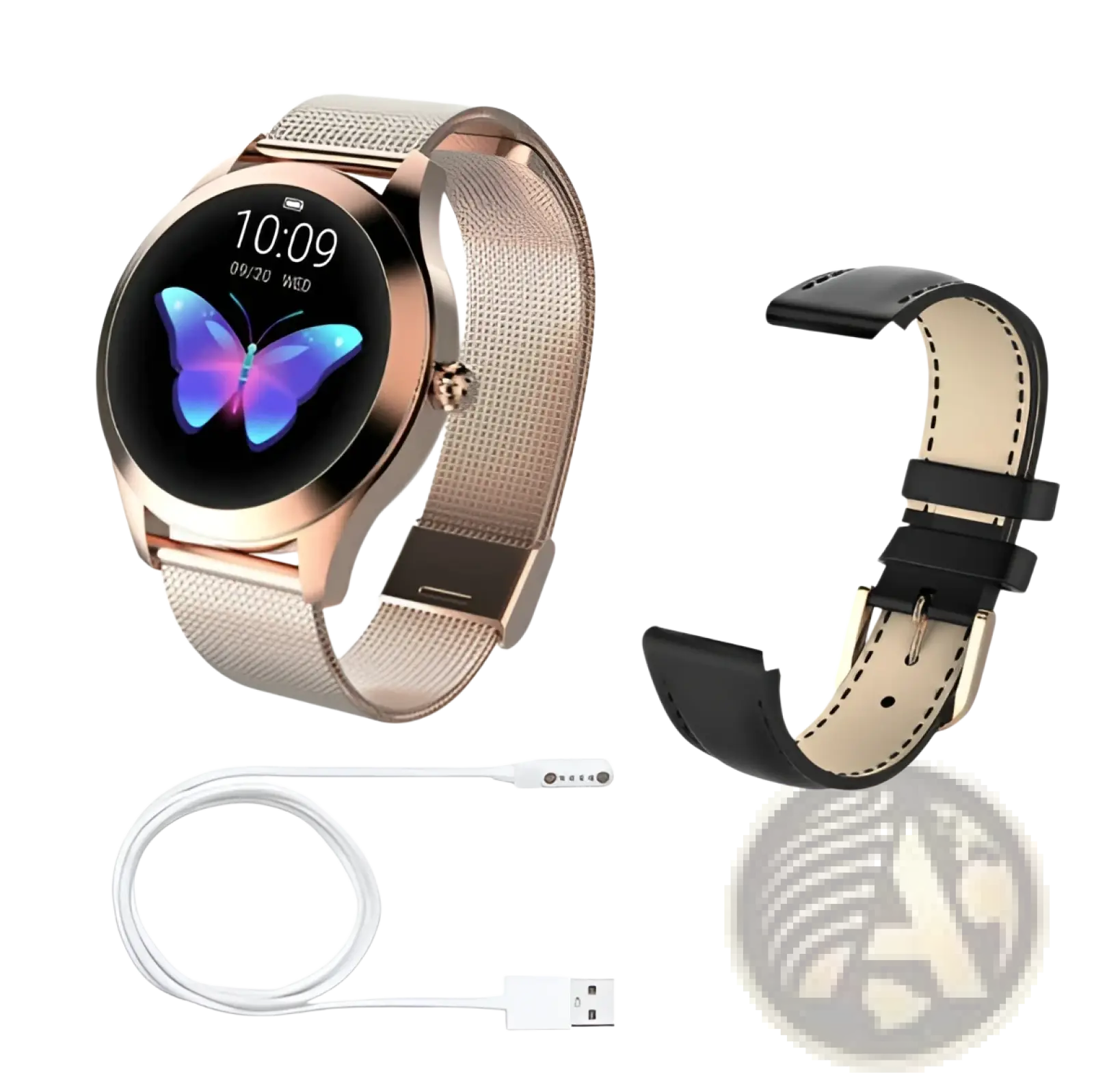 Rose gold butterfly smartwatch with stainless steel mesh band and butterfly-themed digital display and black leather strap