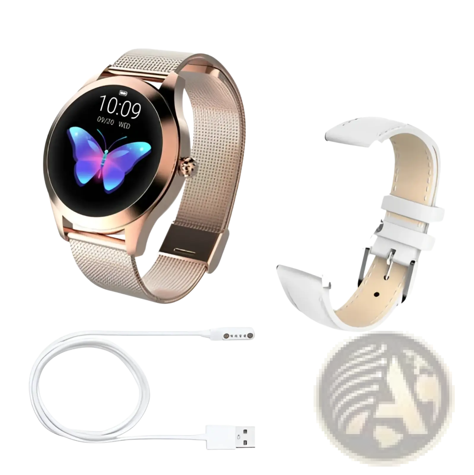 Rose gold butterfly smartwatch with stainless steel mesh band white leather strap and charging cable displayed
