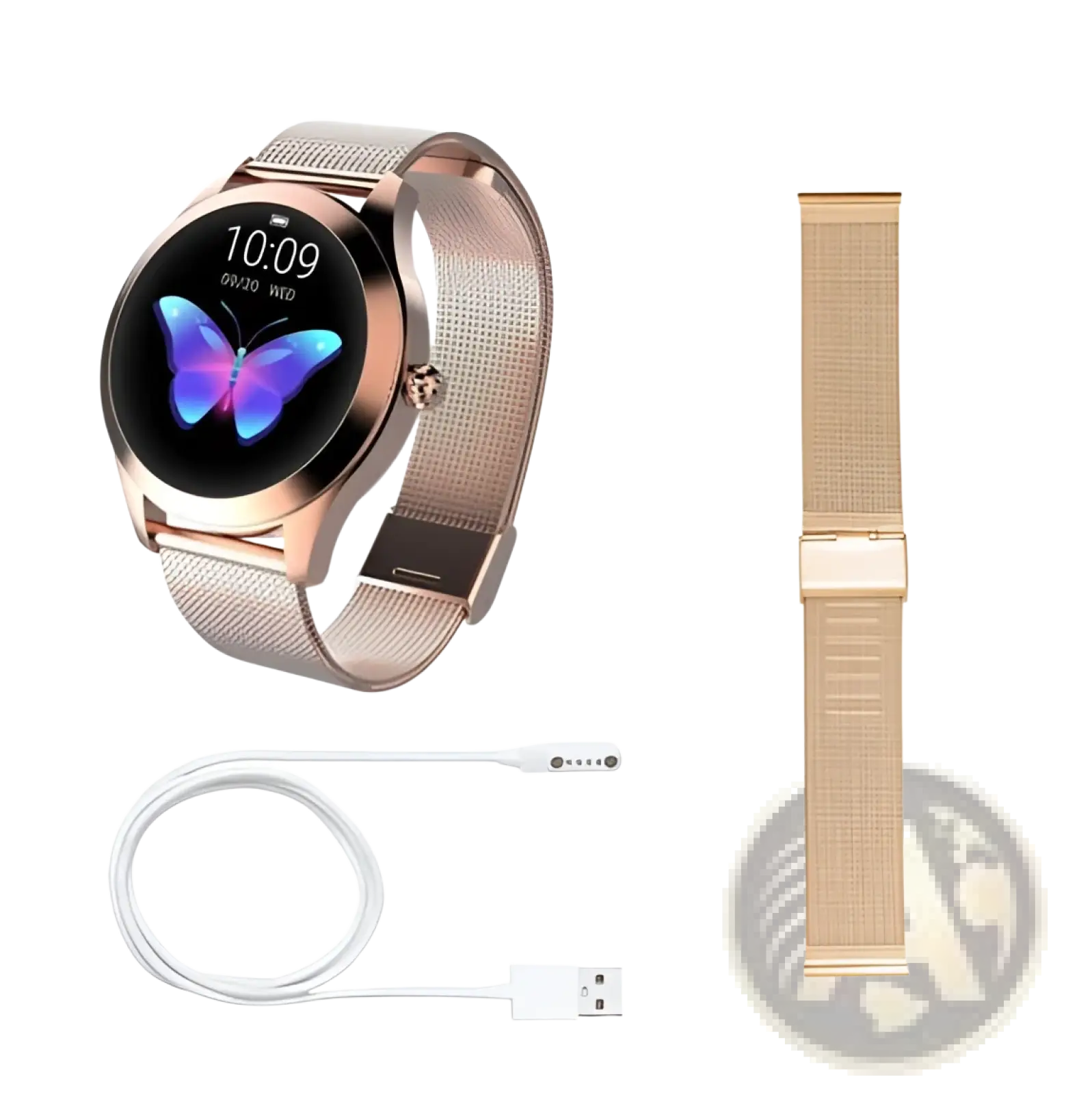 Rose gold butterfly smartwatch with stainless steel mesh band and matching replacement strap displayed clearly