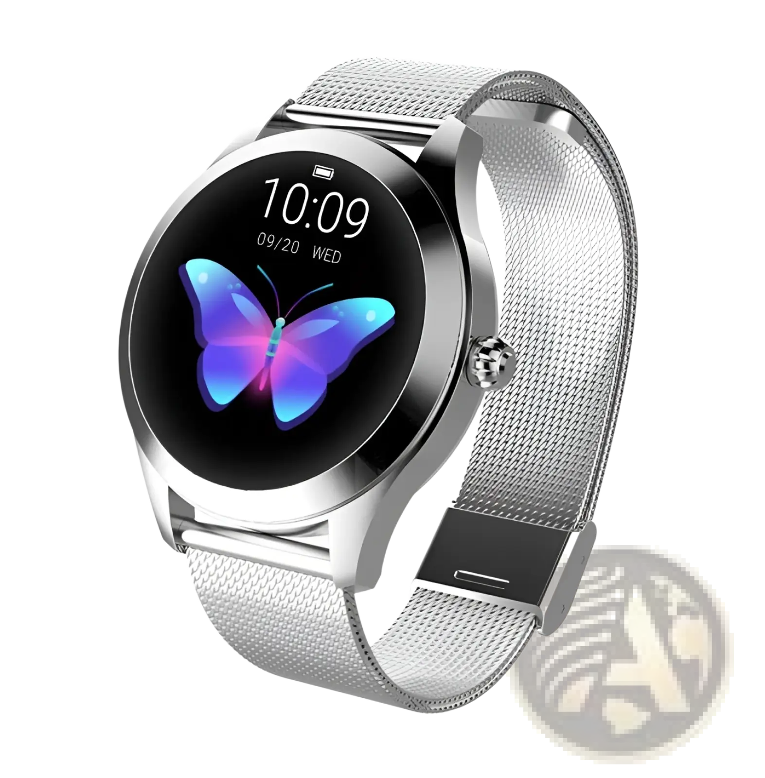 Rose gold butterfly smartwatch with stainless steel silver mesh band and glowing blue purple butterfly animation display
