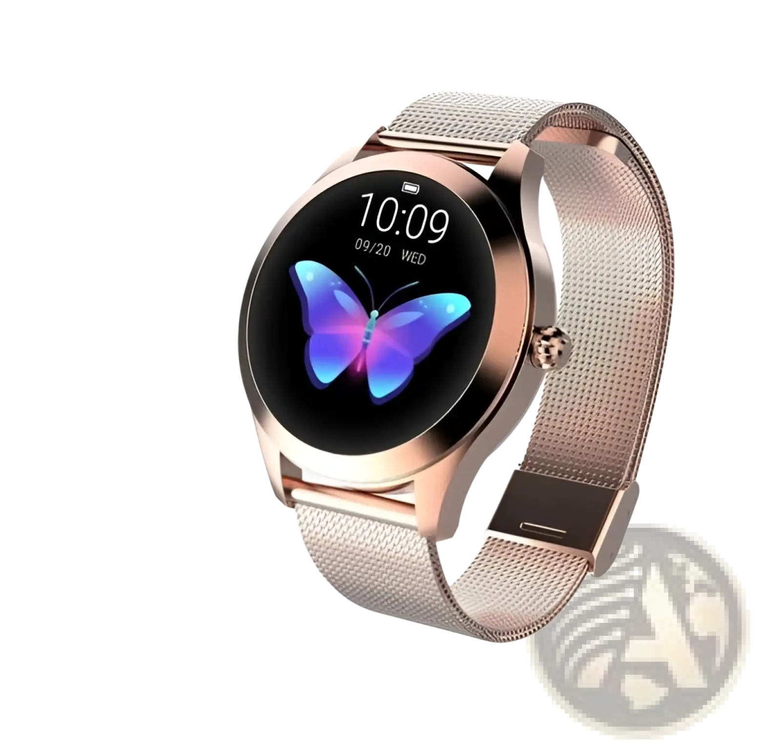 Rose gold butterfly smartwatch with stainless steel mesh band displaying glowing blue and purple butterfly animation
