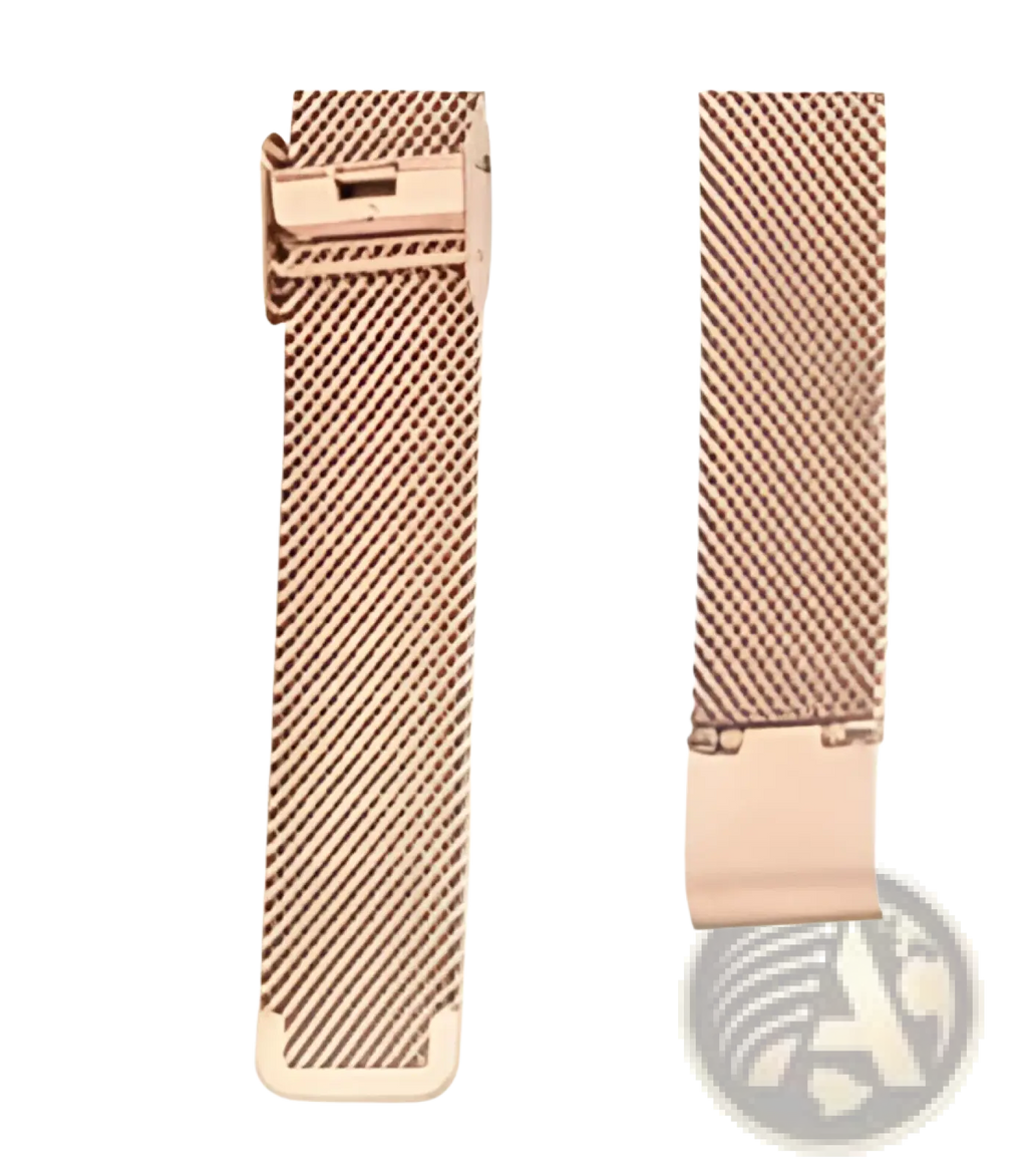 Rose gold butterfly smartwatch with stainless steel mesh band featuring a sleek interwoven metal design and polished clasp