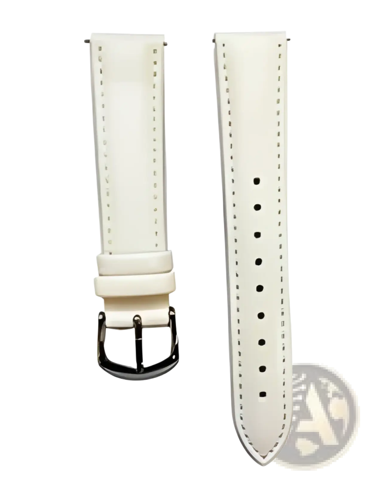 Cream-colored leather watch strap with silver-toned buckle for rose gold butterfly smartwatch with stainless steel mesh band
