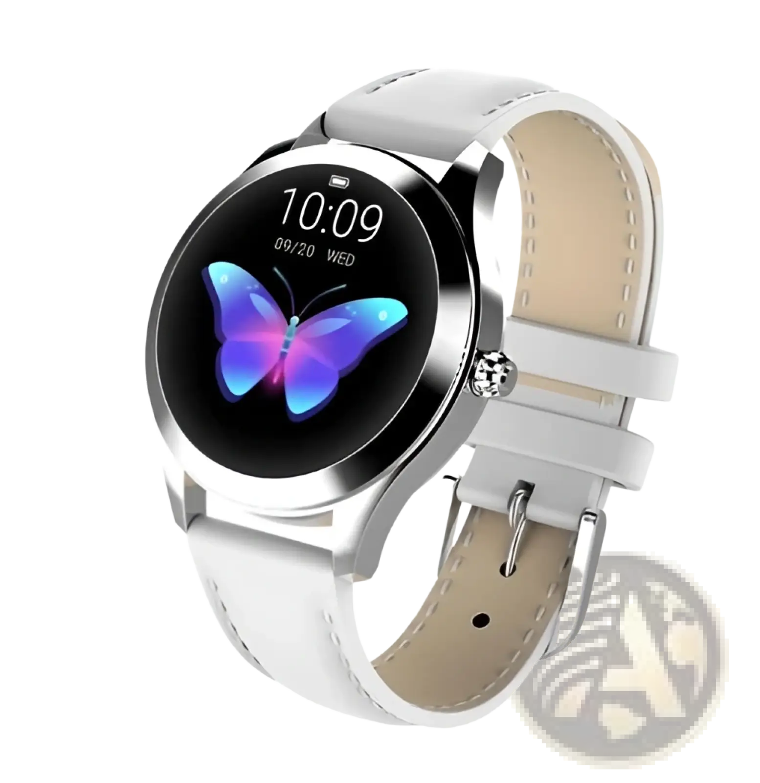 Rose gold butterfly smartwatch with white leather strap silver case and circular screen displaying blue butterfly animation
