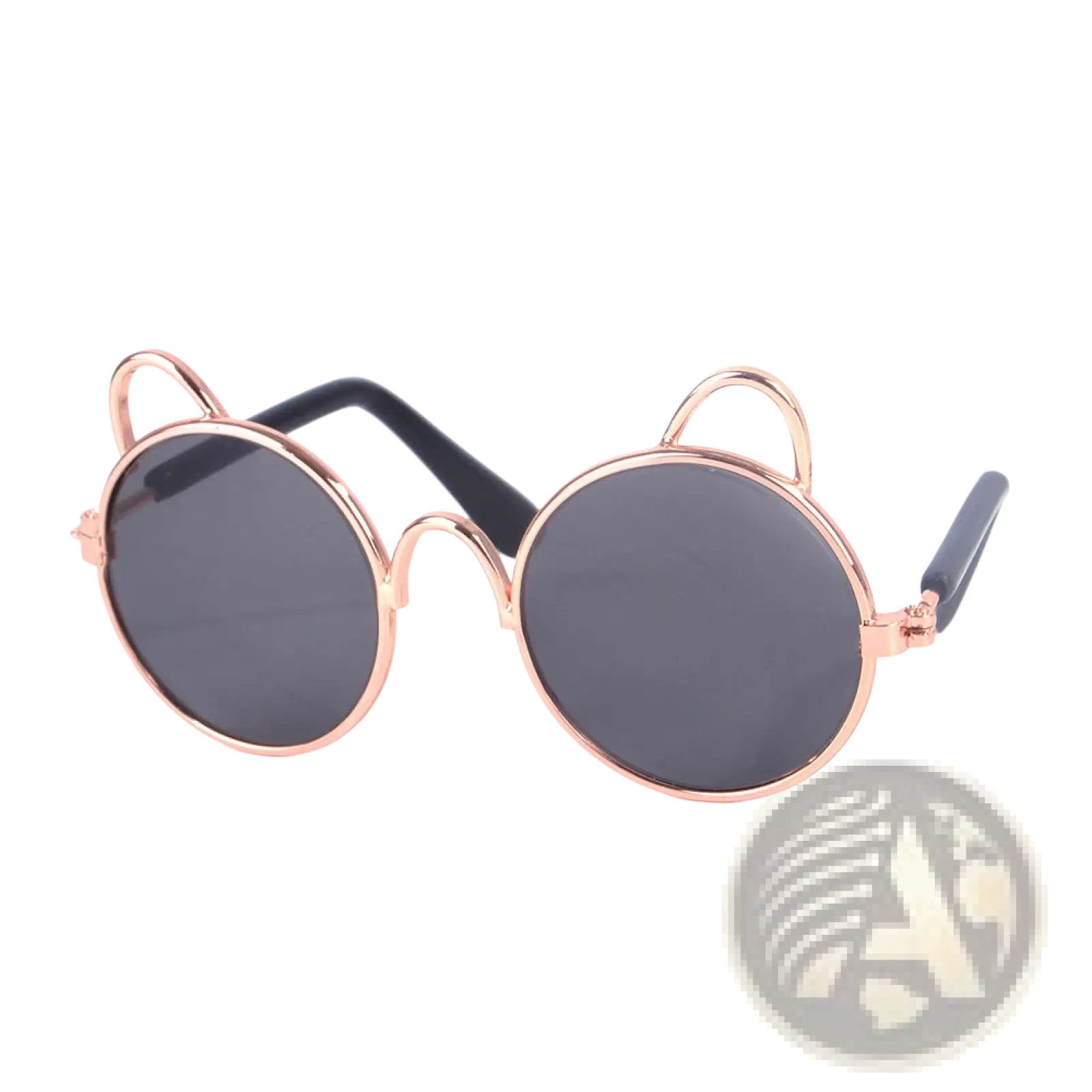 Rose gold cat ear pet sunglasses with dark gray lenses and black temple arms for stylish outdoor protection