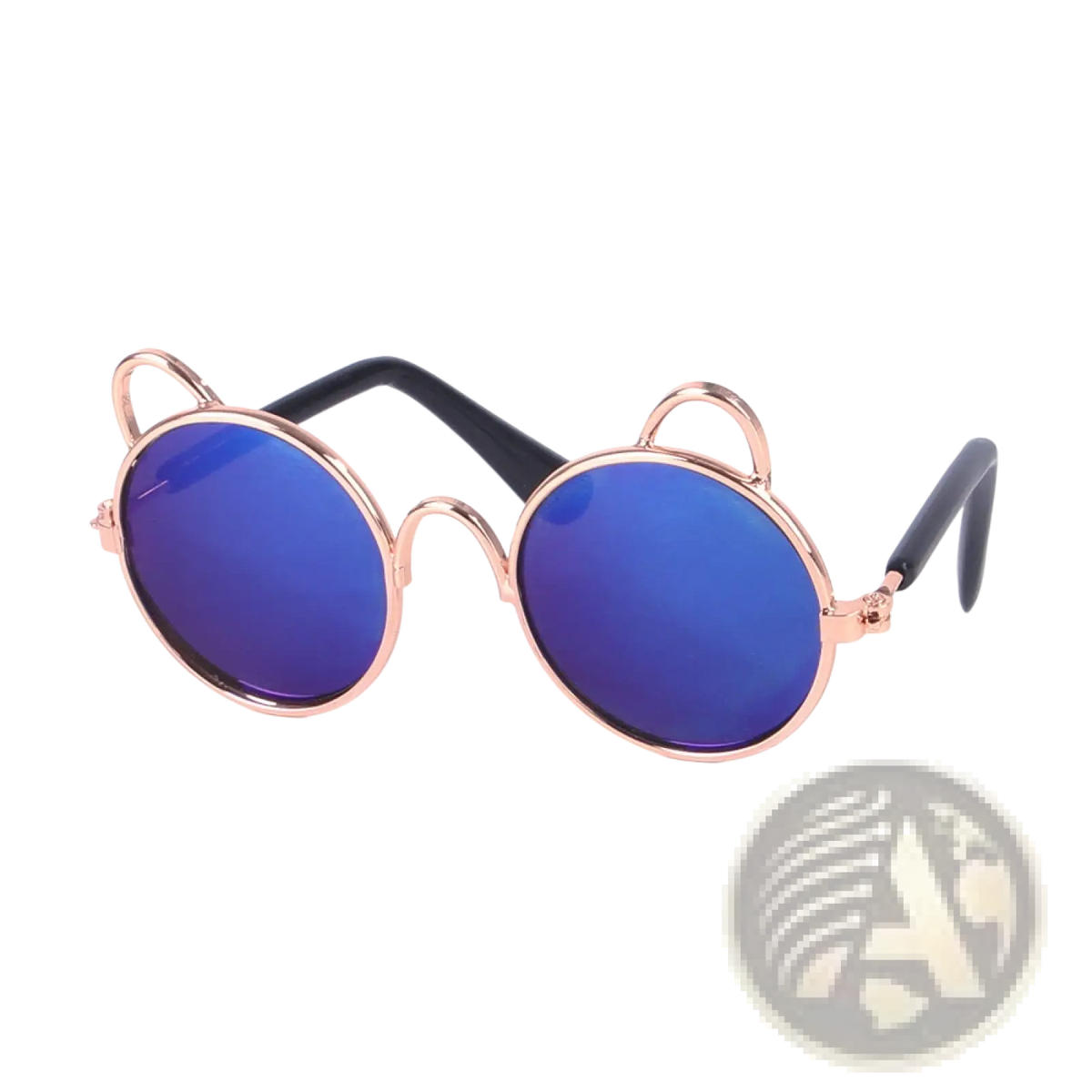 Rose gold cat ear pet sunglasses with blue mirrored lenses and black temple arms for stylish outdoor wear