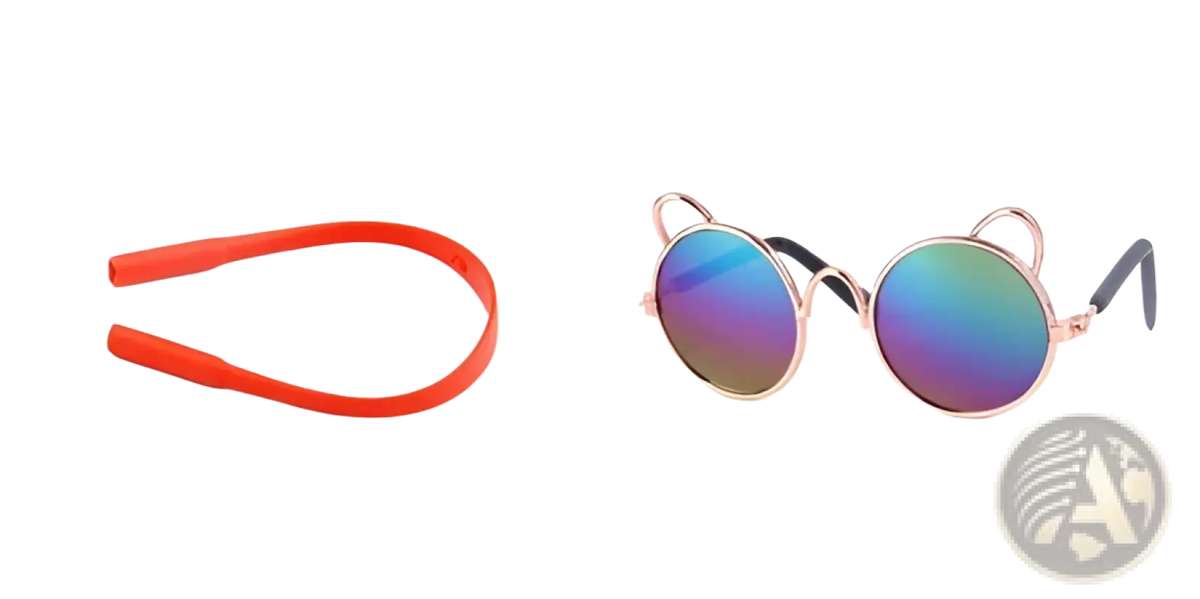 Rose gold cat ear pet sunglasses featuring iridescent blue and green mirrored lenses with metal frames
