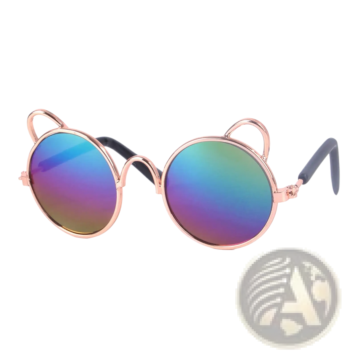 Rose gold cat ear pet sunglasses with iridescent blue and purple mirrored lenses in a stylish frame design