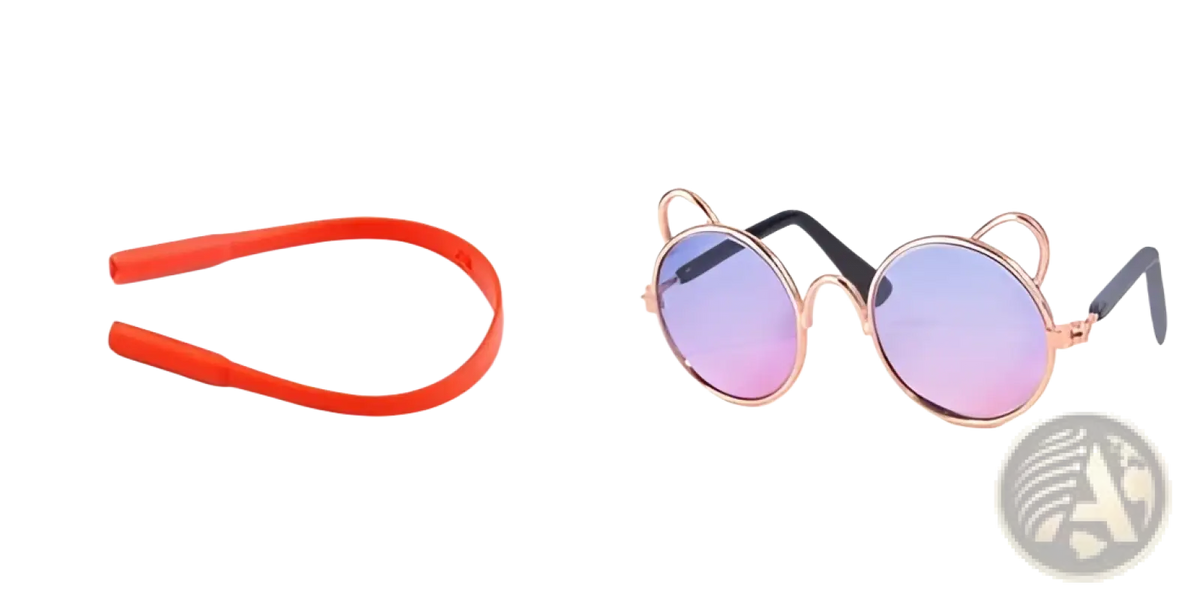 Rose gold cat ear pet sunglasses with gradient purple and pink lenses made from rose gold material