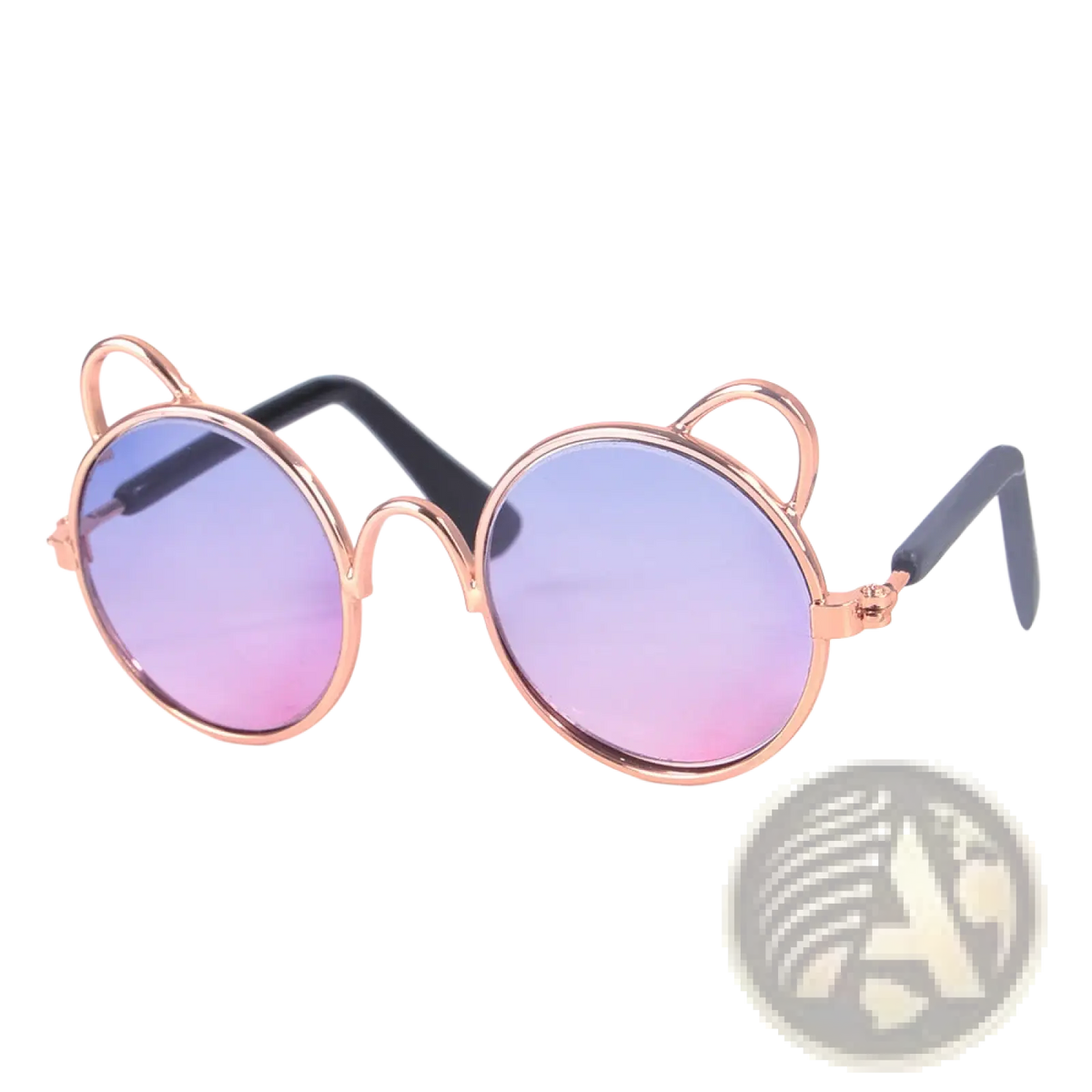 Rose gold cat ear pet sunglasses with gradient purple to pink lenses and black temple tips