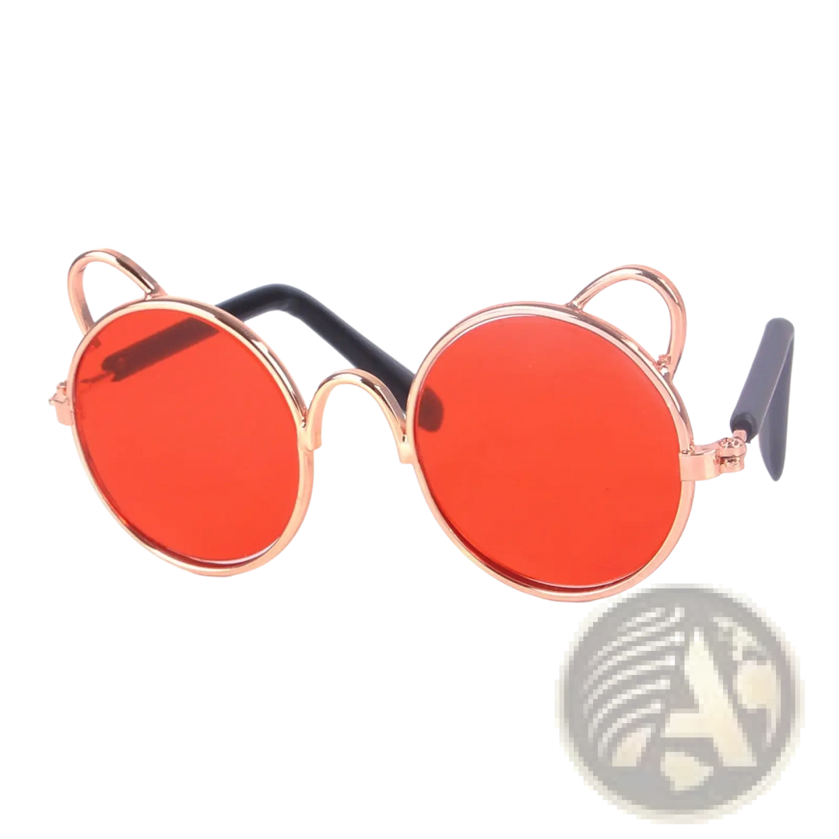 Rose gold cat ear pet sunglasses with vibrant red lenses and black temple arms for stylish outdoor use
