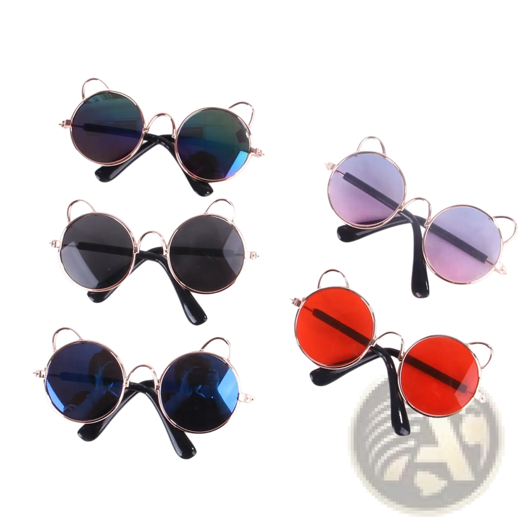Round rose gold cat ear sunglasses with black temples and mirrored lenses in blue purple red and dark green