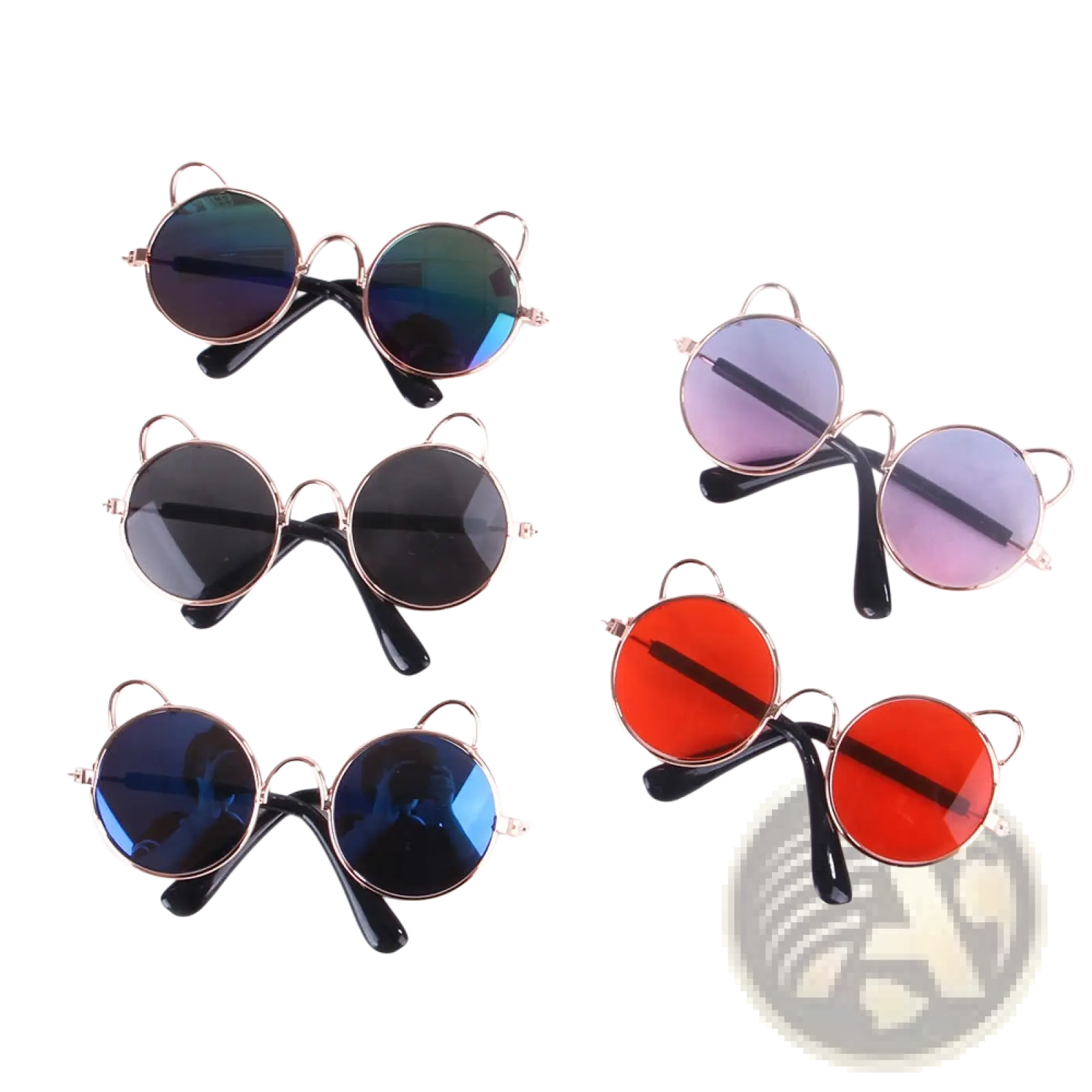Round rose gold cat ear sunglasses with black temples and mirrored lenses in blue purple red and dark green