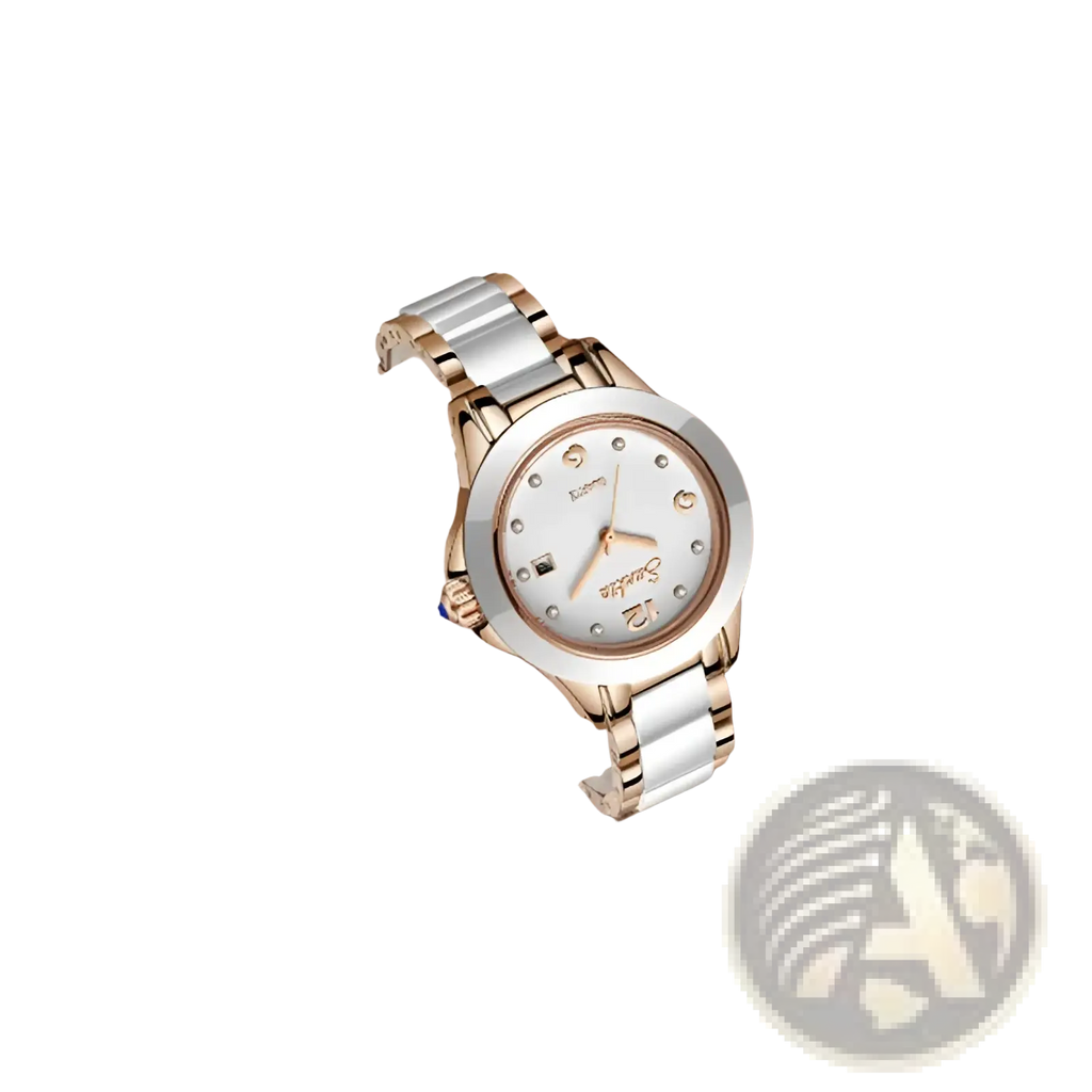 Rose gold ceramic women quartz watch with two-tone design, pearl-like dial, and small diamond accents