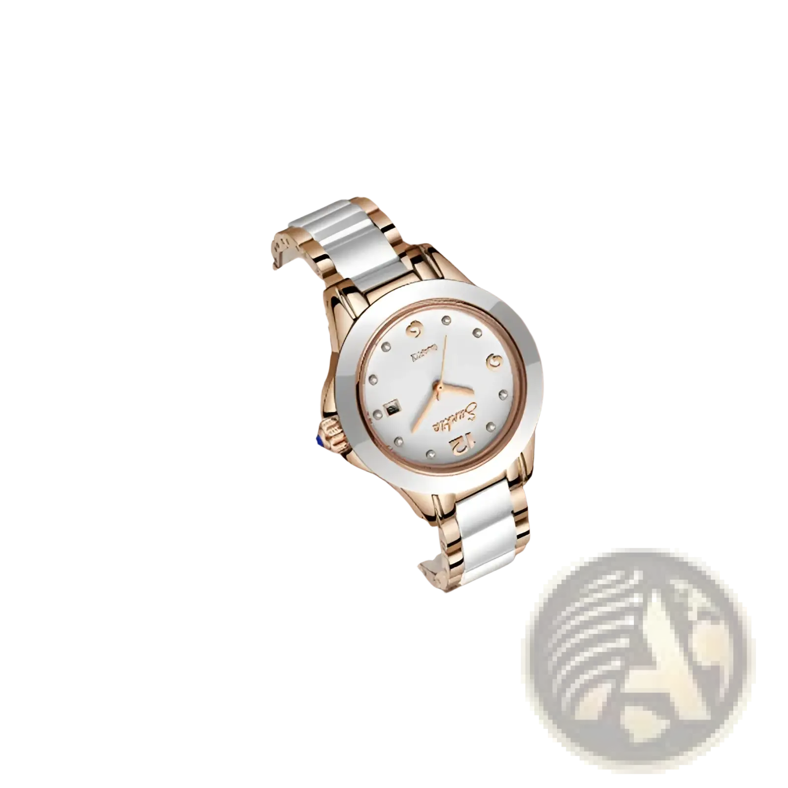Rose gold ceramic women quartz watch with two-tone design, pearl-like dial, and small diamond accents