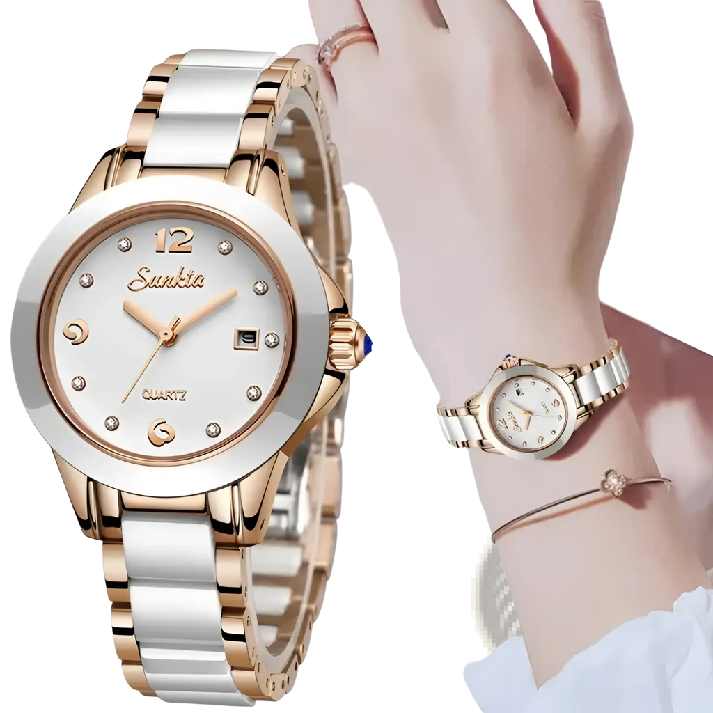 A rose gold ceramic women quartz watch with a two-tone gold and white ceramic band and diamond accents on the dial