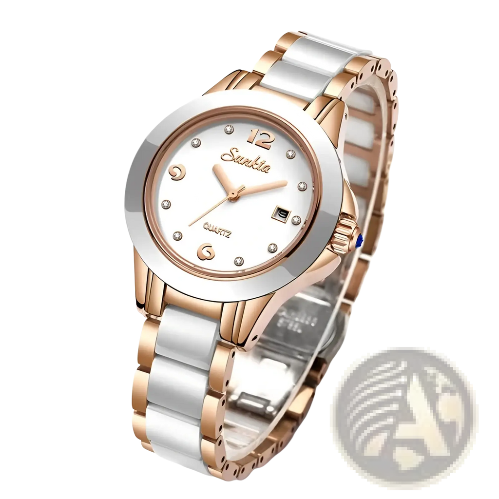 A sleek rose gold ceramic women quartz watch with two-tone band and diamond accents on white dial