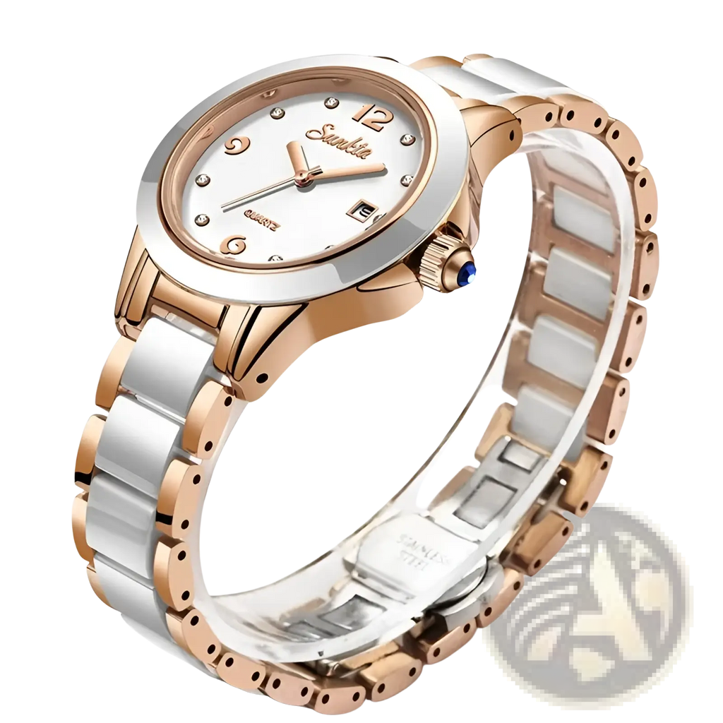 A sleek two-tone rose gold and silver ceramic women quartz watch with white dial and diamond hour markers by sunkita