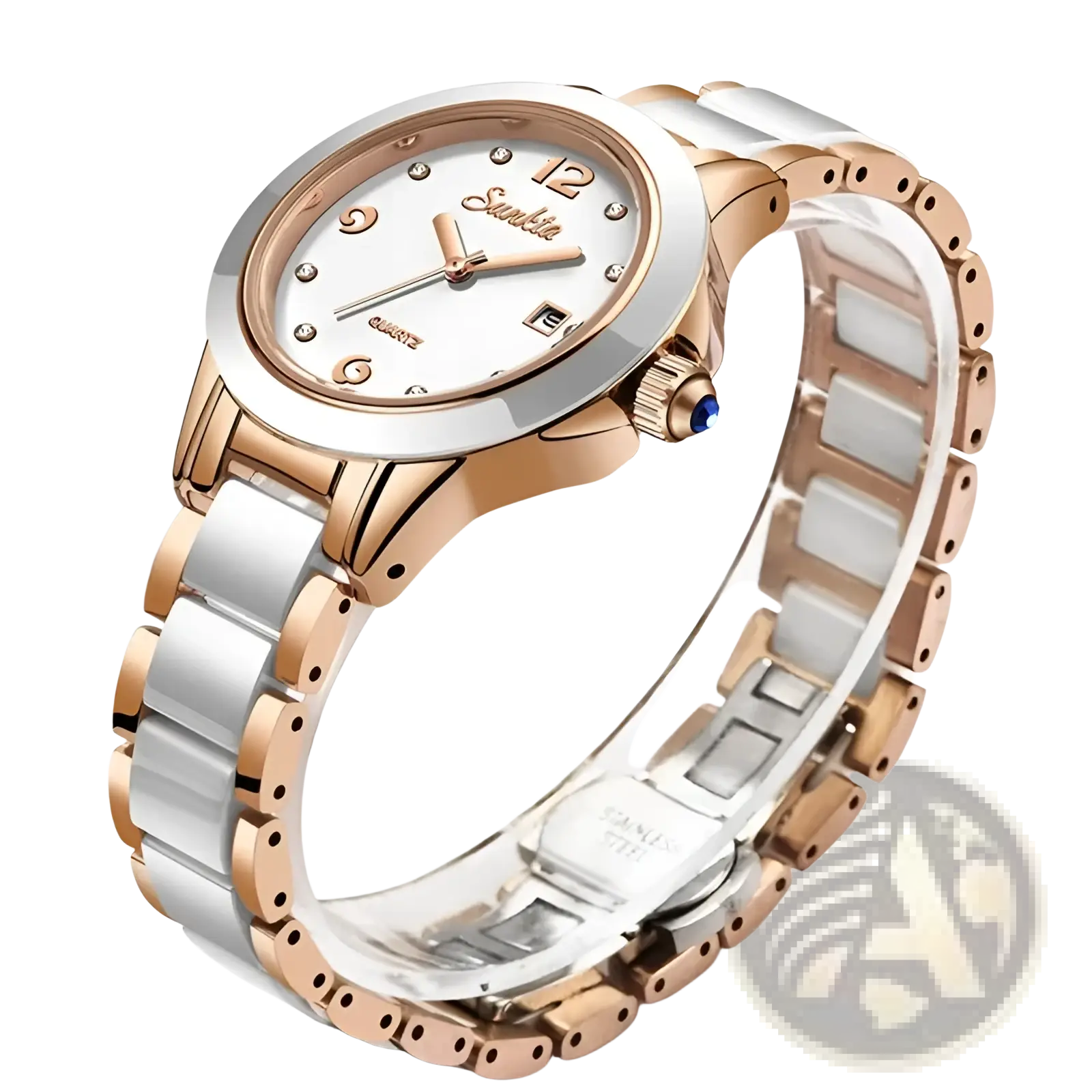 A sleek two-tone rose gold and silver ceramic women quartz watch with white dial and diamond hour markers by sunkita