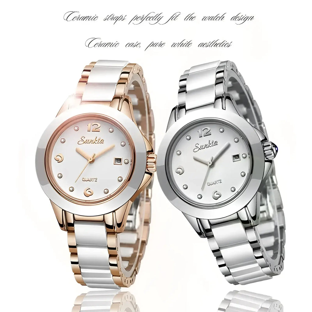 Two elegant sunkita ceramic quartz watches in rose gold with diamonds and silver tones featuring minimalist design