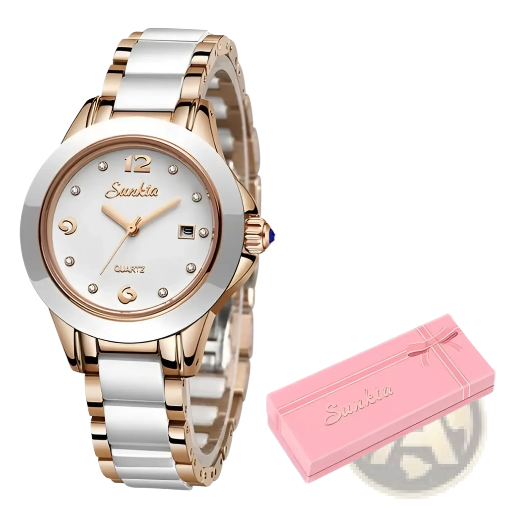 Rose gold and white ceramic two-tone women quartz watch with diamond accents on the dial