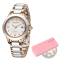 Rose gold and white ceramic two-tone women quartz watch with diamond accents on the dial
