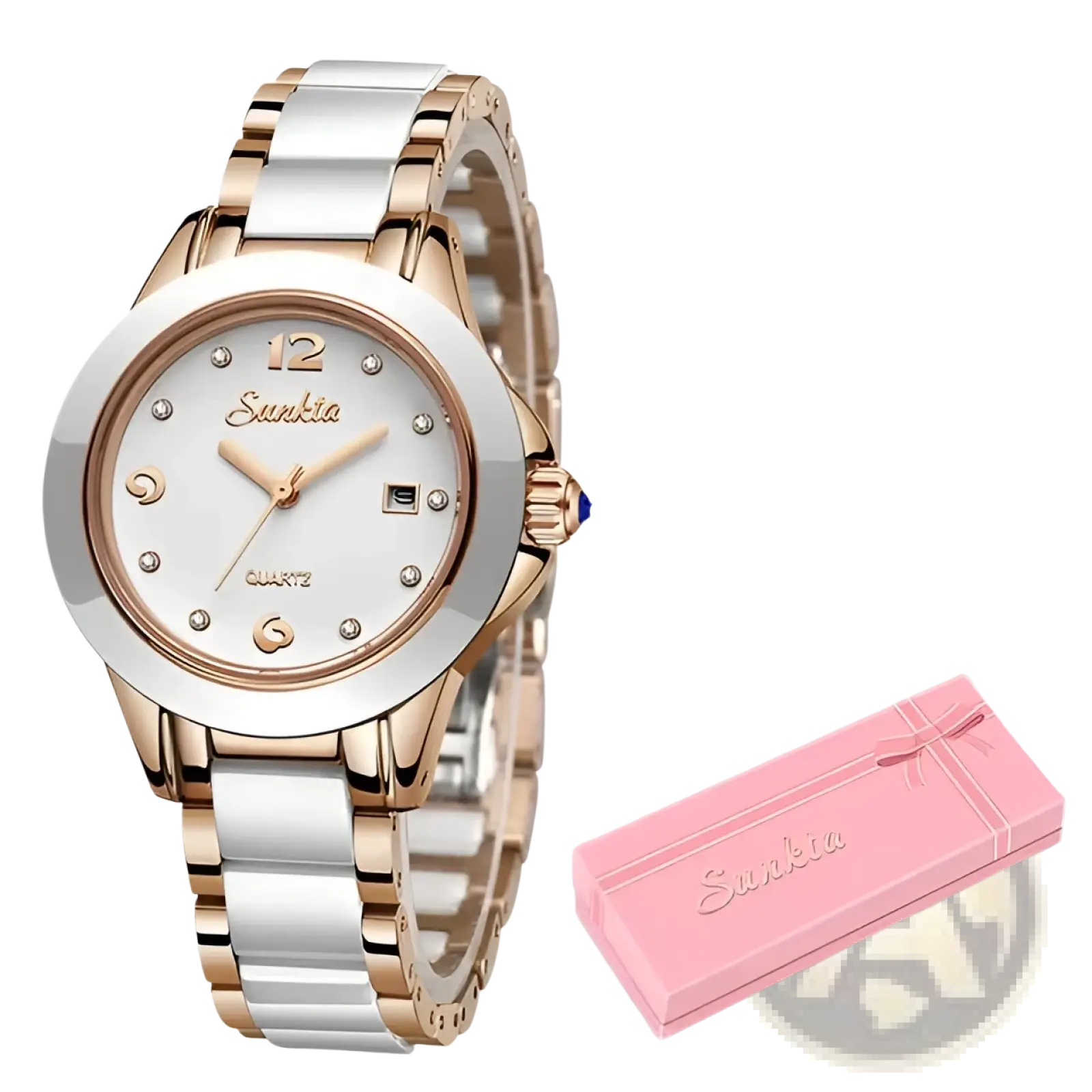 Rose gold and white ceramic two-tone women quartz watch with diamond accents on the dial