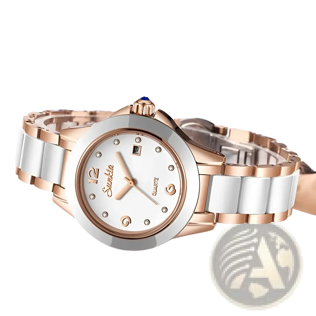 Rose gold and white ceramic two tone women quartz watch with diamond accents on the dial for elegant wear