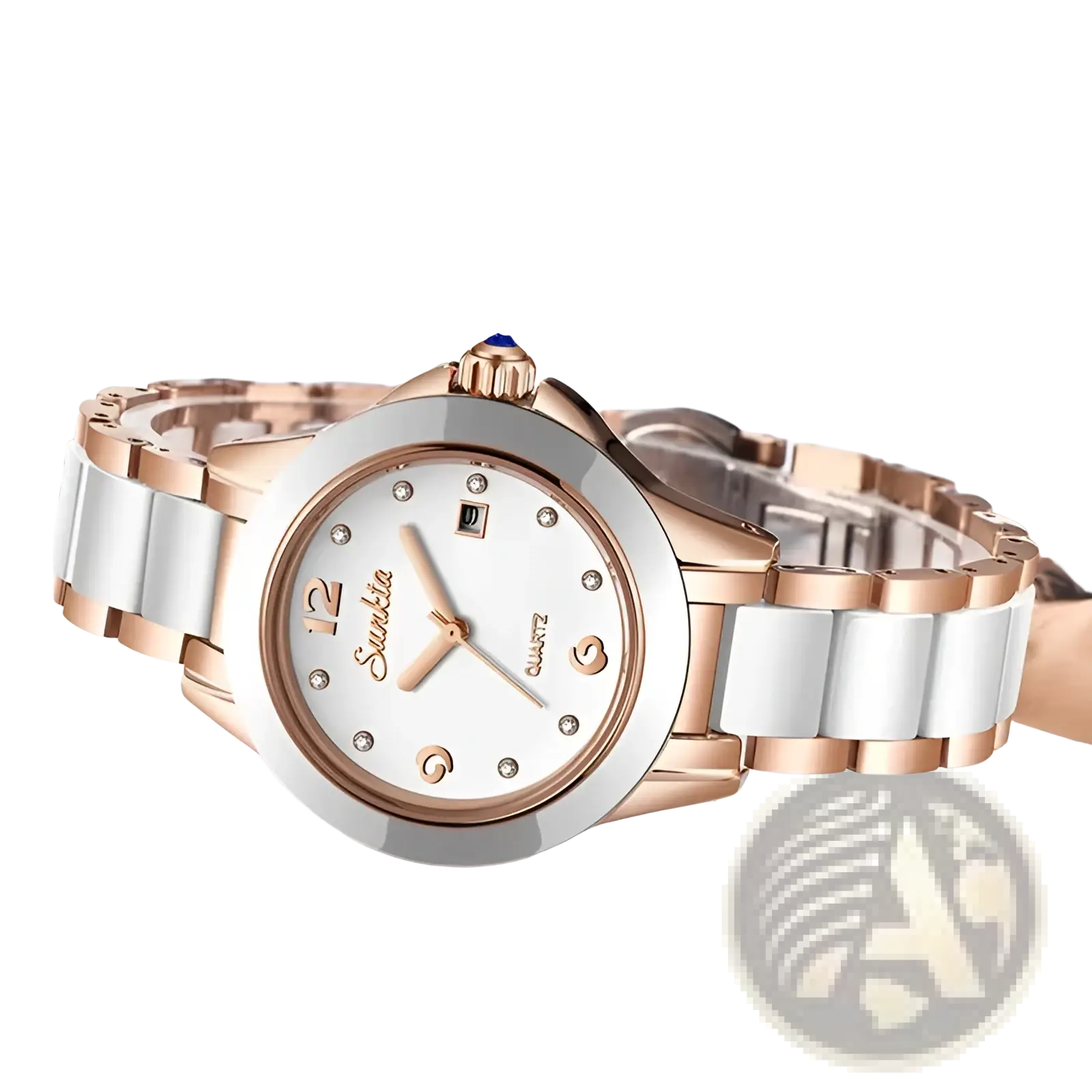 Rose gold and white ceramic two tone women quartz watch with diamond accents on the dial for elegant wear