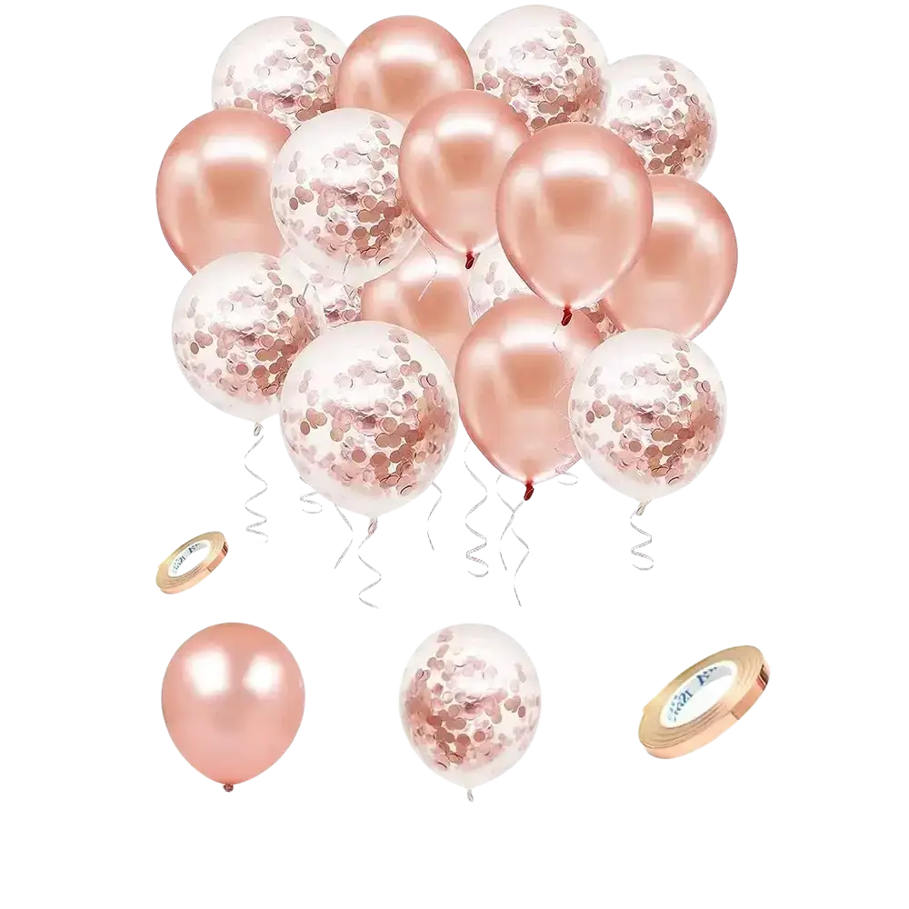 A cluster of rose gold confetti balloons with clear and metallic swirl accents featuring a shiny satin finish
