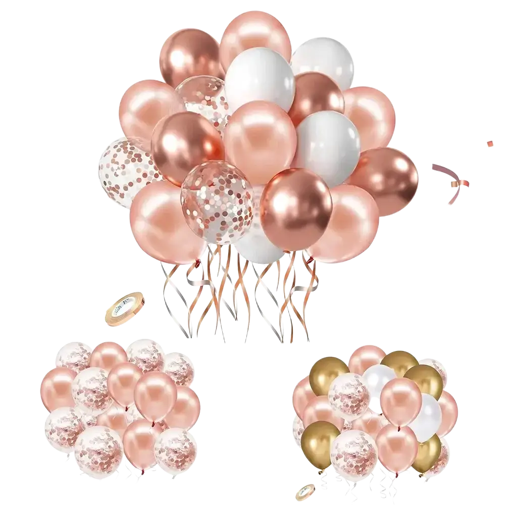 A cluster of rose gold confetti latex balloons with white and clear colors and metallic ribbons for party decoration