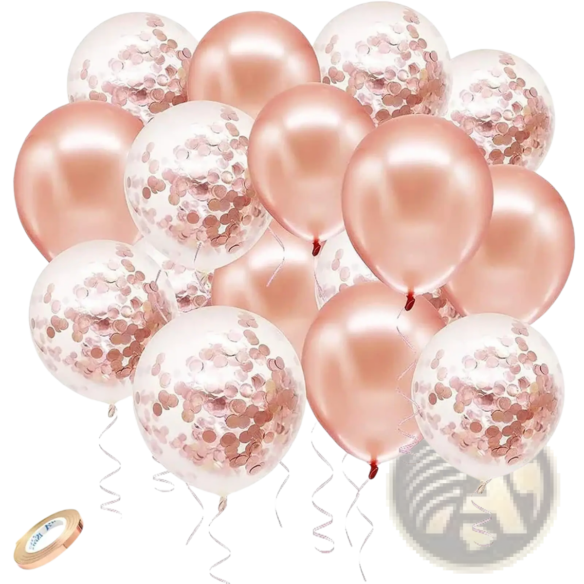 A cluster of rose gold and clear latex confetti balloons for party decoration in rose gold confetti balloon set