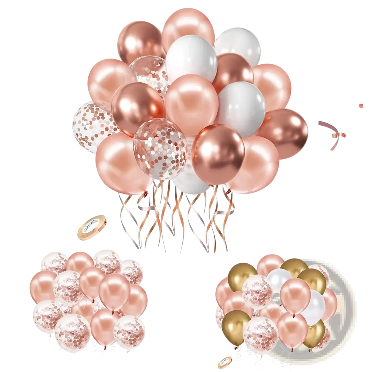 A cluster of rose gold, white, and clear confetti-filled latex balloons with metallic ribbons for party decoration