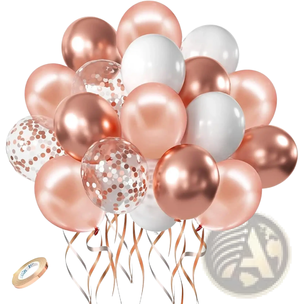 A cluster of rose gold and white metallic balloons with clear confetti-filled balloons tied by ribbons for party decoration