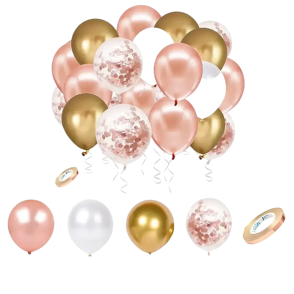 A rose gold confetti balloon set featuring rose gold metallic, gold confetti, and clear balloons with pink confetti fillings