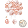 A set of 19 rose gold confetti balloons with shiny metallic surfaces and clear balloons filled with rose gold sequins