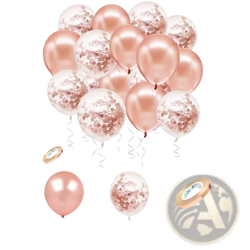 A set of 19 rose gold confetti balloons with shiny metallic surfaces and clear balloons filled with rose gold sequins