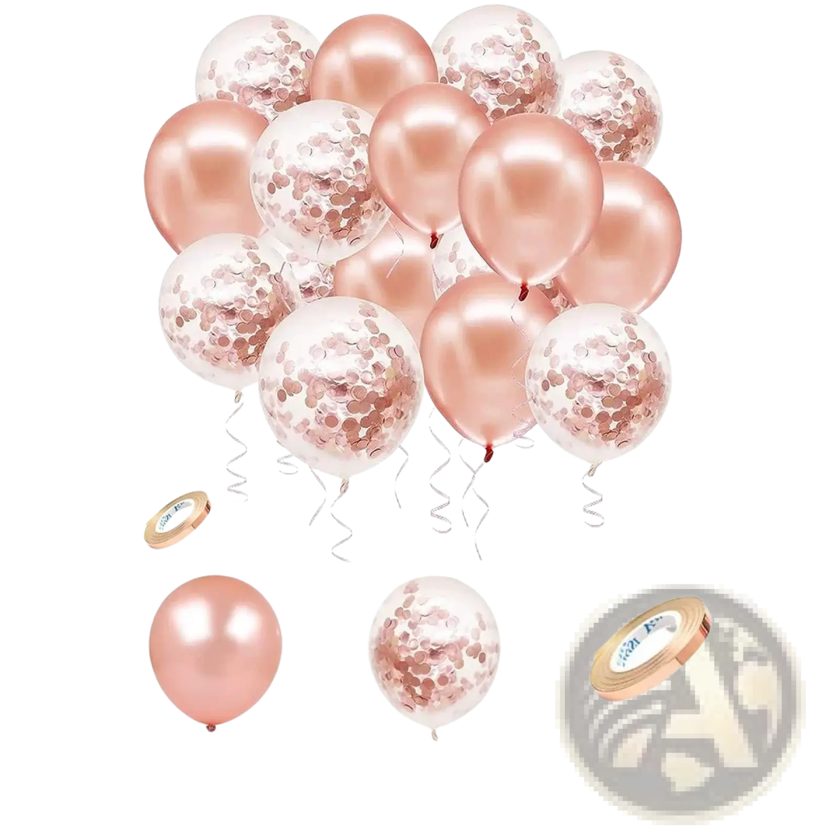 A set of 19 rose gold confetti balloons with shiny metallic surfaces and clear balloons filled with rose gold sequins
